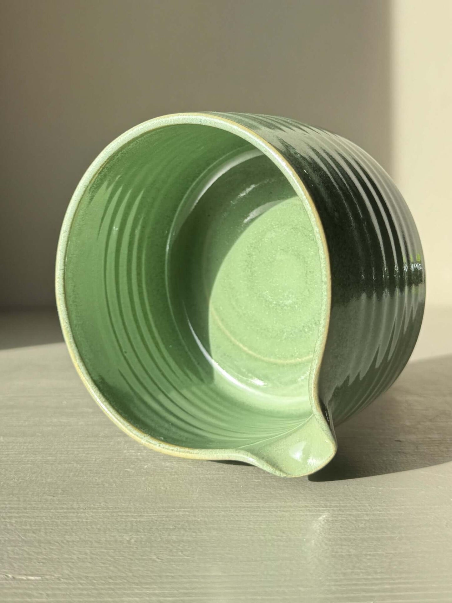 Matcha Bowl Spout – Sage #02 with soft sage-green glaze and open form perfect for whisking matcha into a smooth blend.