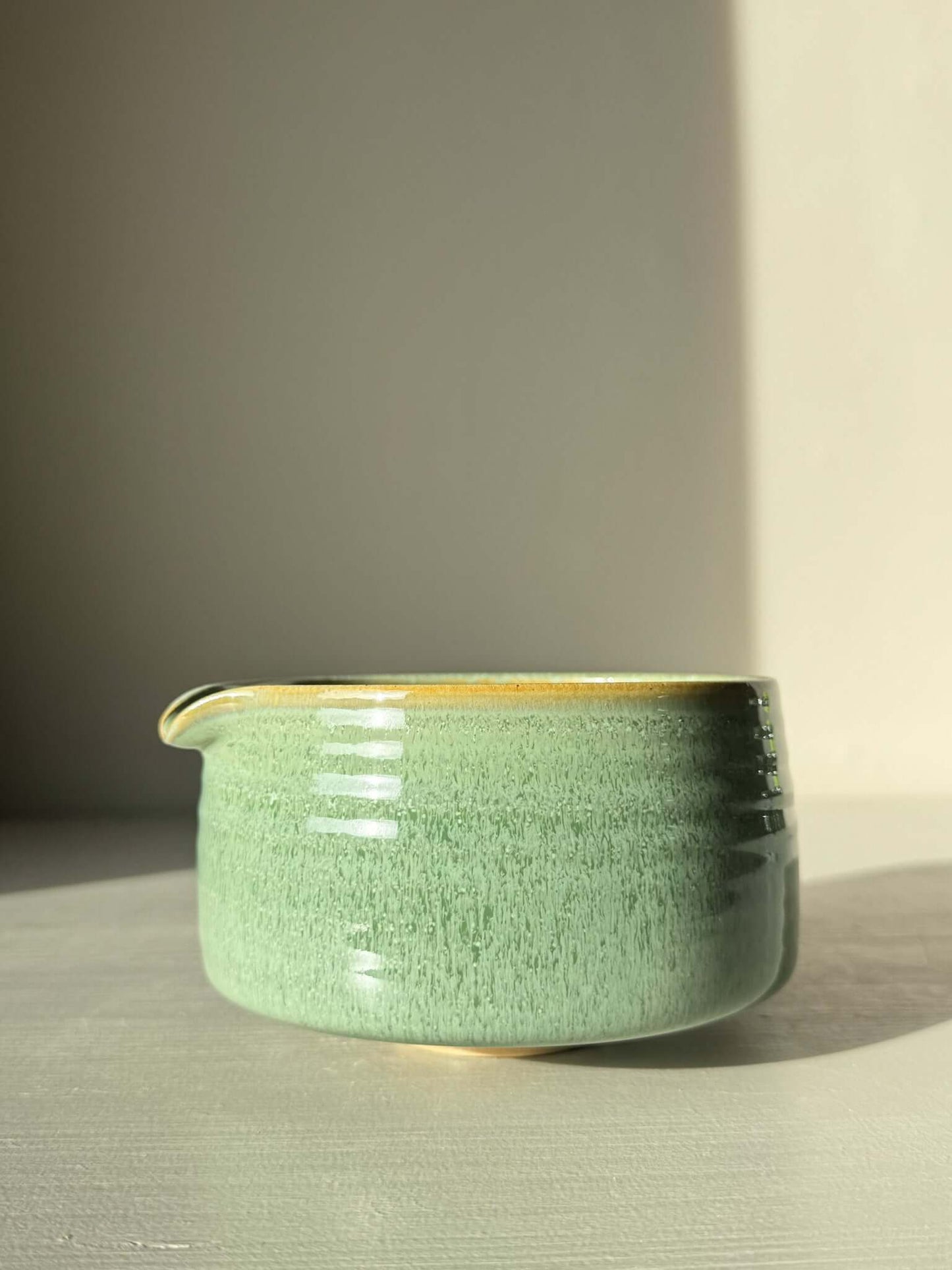 Matcha Bowl Spout – Sage #03 with soft sage-green glaze in light