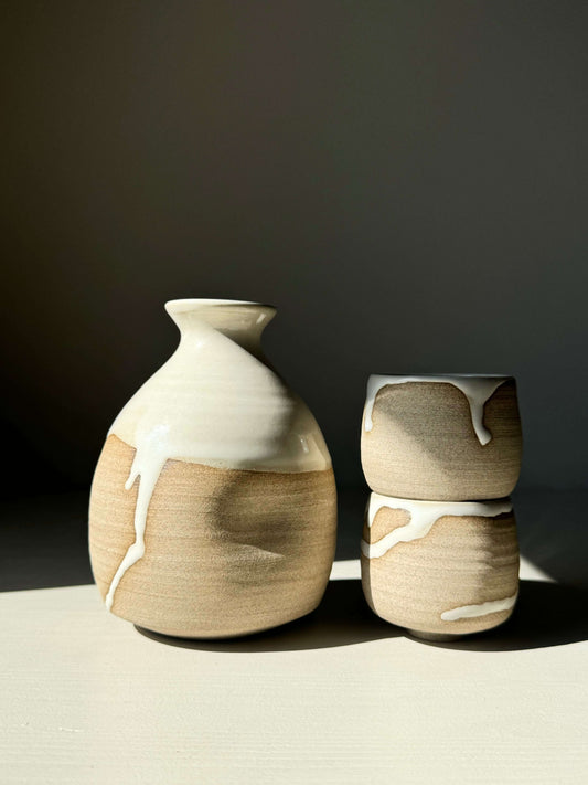 Sake Set - Yuki Series with toffee clay and white glaze, featuring a bottle and two cups for everyday use and enjoyment.