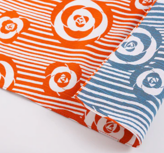 Reversible orange and blue Small Furoshiki Camellia Pattern gift wrap cloth