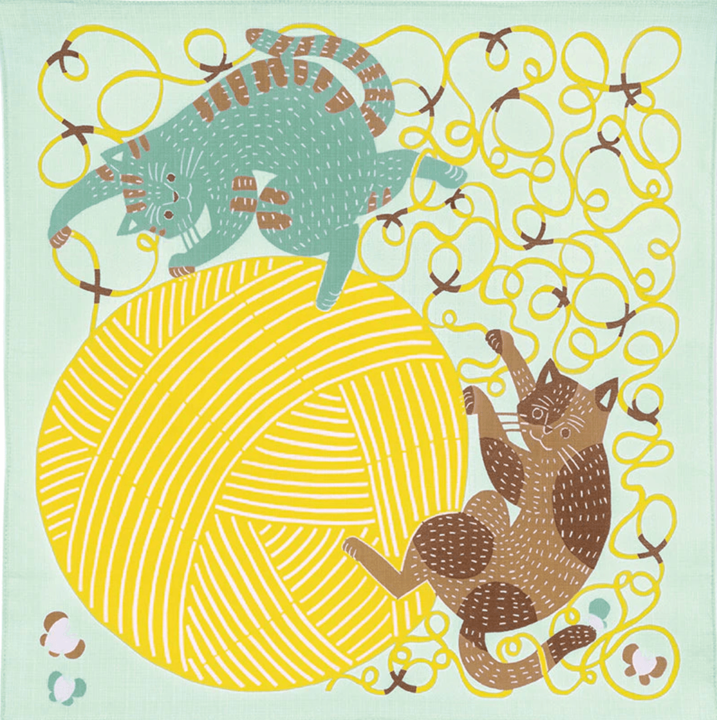 Small Furoshiki Cat and Yarn Light Green Japanese organic cotton furoshiki