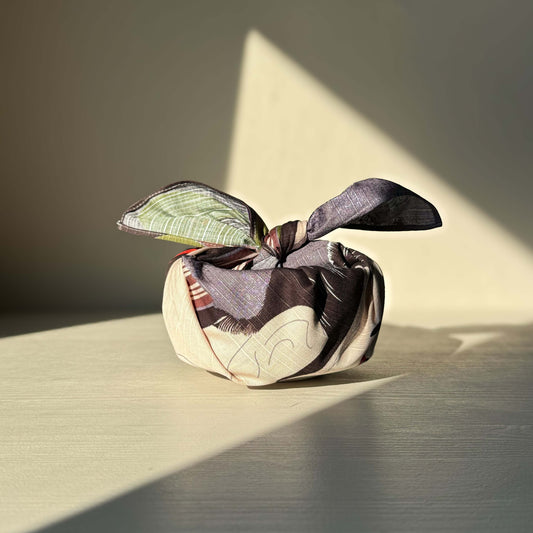 Matcha bowl wraped in Musibi  Sharaku Gray Furoshiki