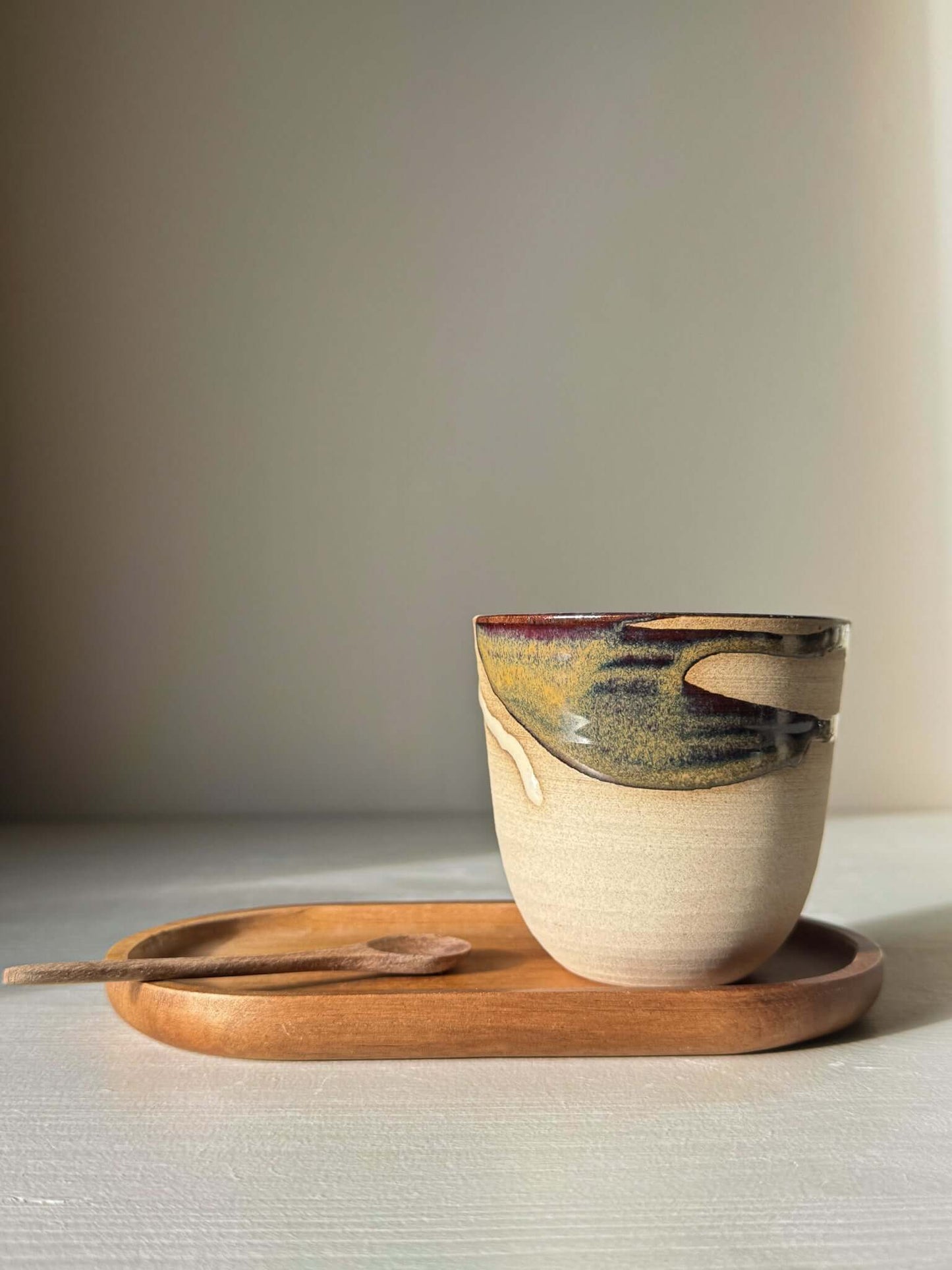 Stackable Latte Cups - Inyo with unique glaze on a wooden tray