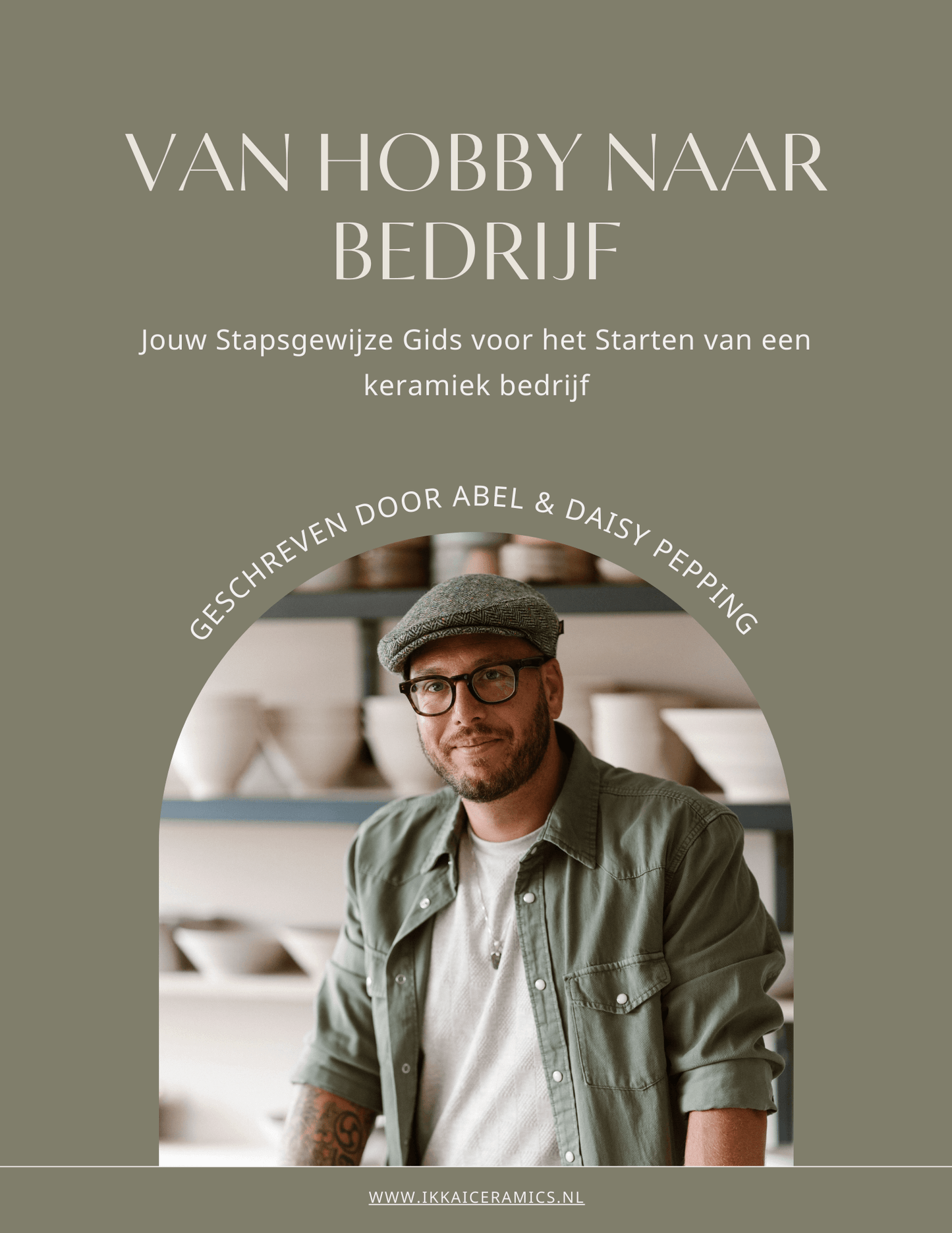 Guide on starting a pottery business, featuring an author in a ceramic studio. Text in Dutch: 'Van hobby naar bedrijf'.