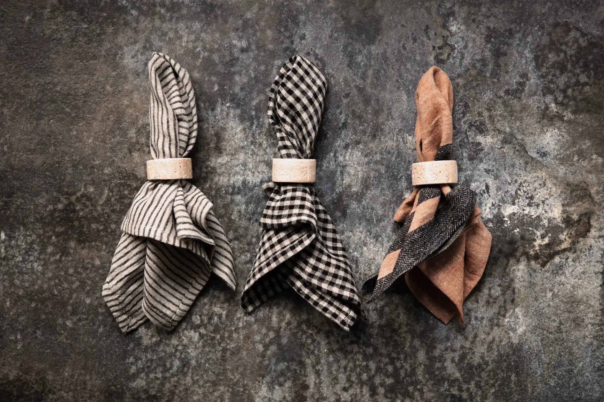 Striped Linen Napkin - 100% Linen with handmade ceramic rings, showcasing elegant and timeless soft texture for a natural table setting.