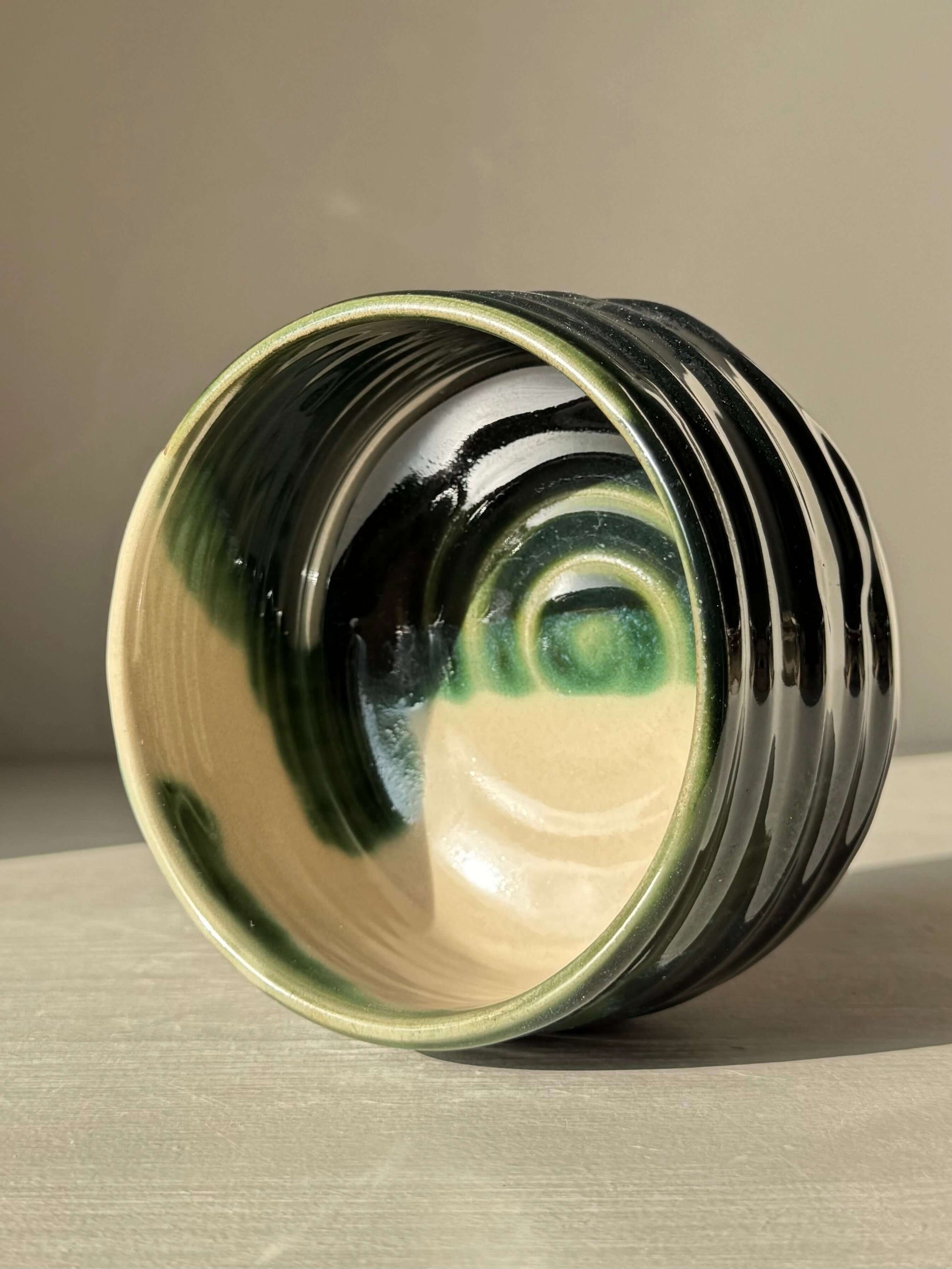 Textured Matcha Bowl – Mori #02, handmade ceramic with a glossy forest-green and mossy color inside, organic slip texture outside.