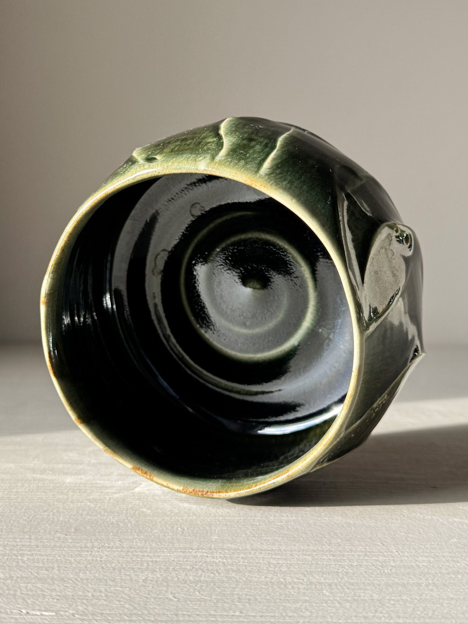 Textured Matcha Bowl - Hinoki #06 with green glaze and unique texture reflecting natural beauty and peace, inspired by Hinoki tree hues.