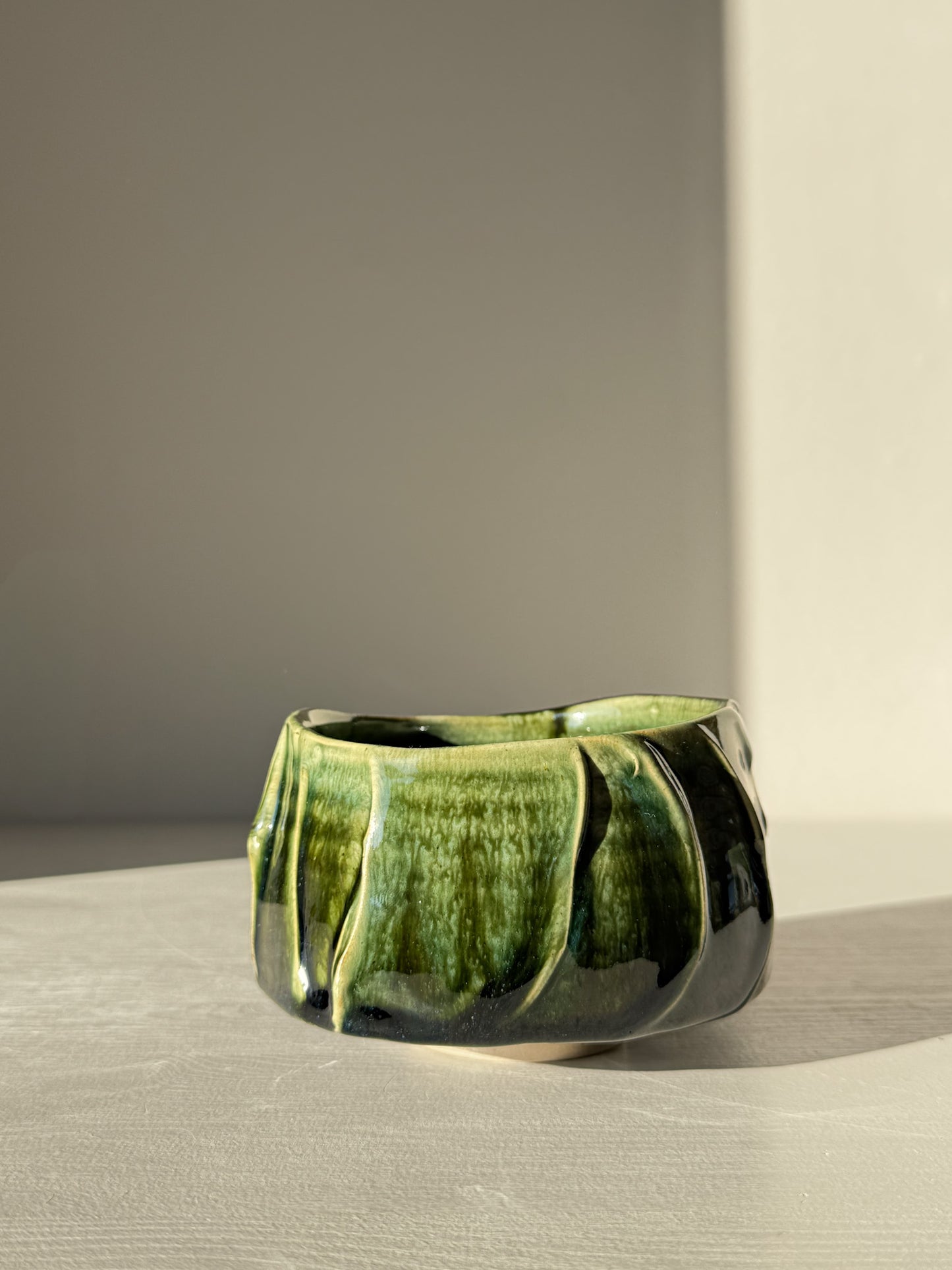 Textured Matcha Bowl - Hinoki #09 in green glaze, inspired by Hinoki tree, showcasing unique textured finish for matcha rituals.