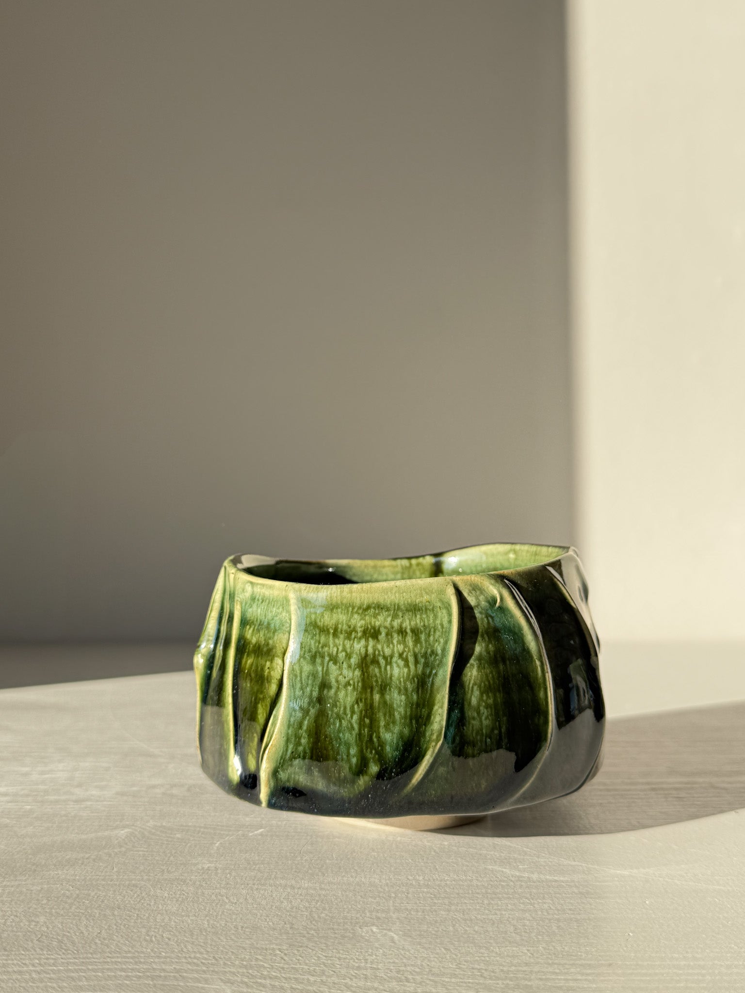 Textured Matcha Bowl - Hinoki #09 in green glaze, inspired by Hinoki tree, showcasing unique textured finish for matcha rituals.