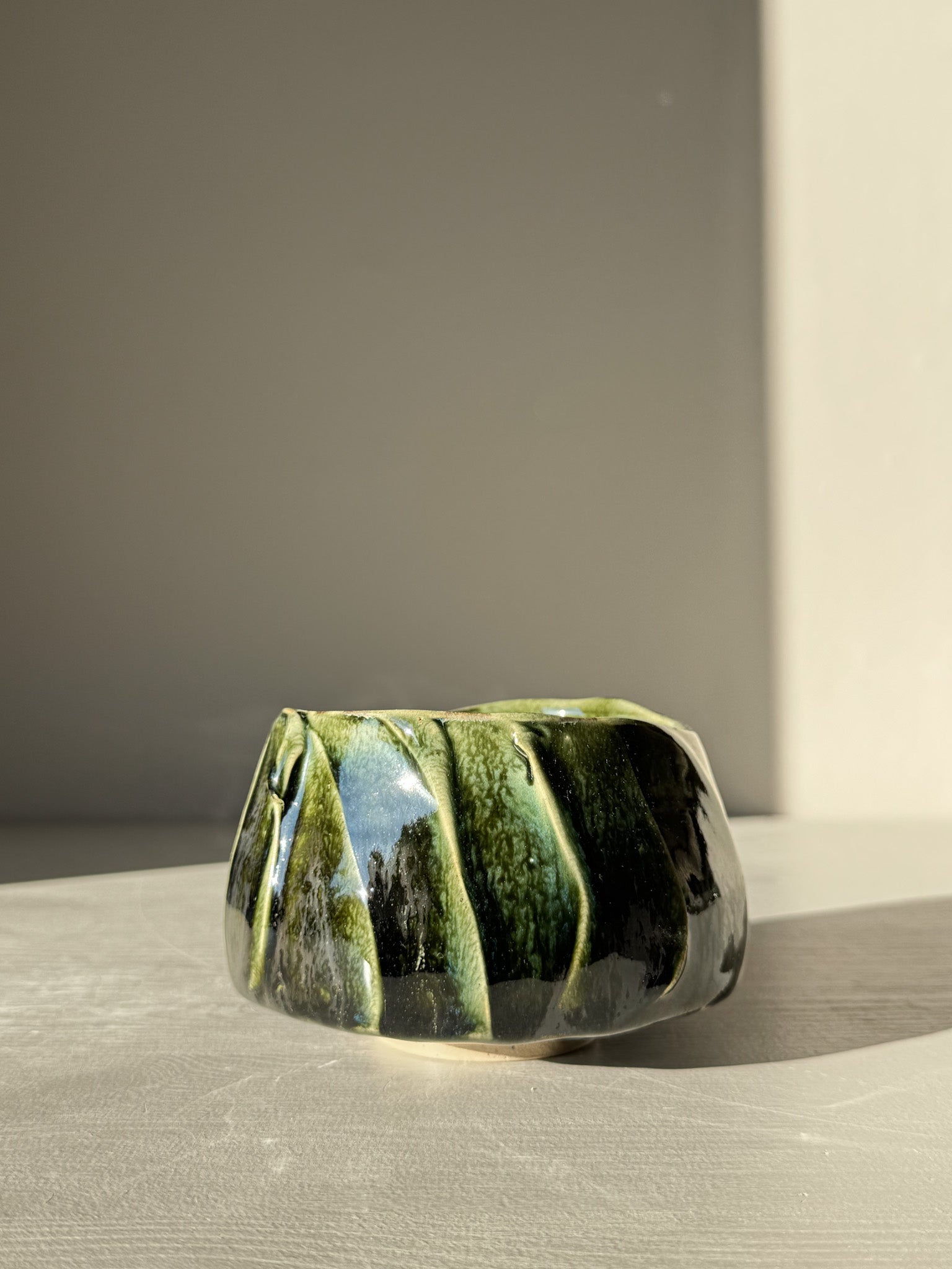 Textured Matcha Bowl - Hinoki #13 with green glaze and unique textured finish.