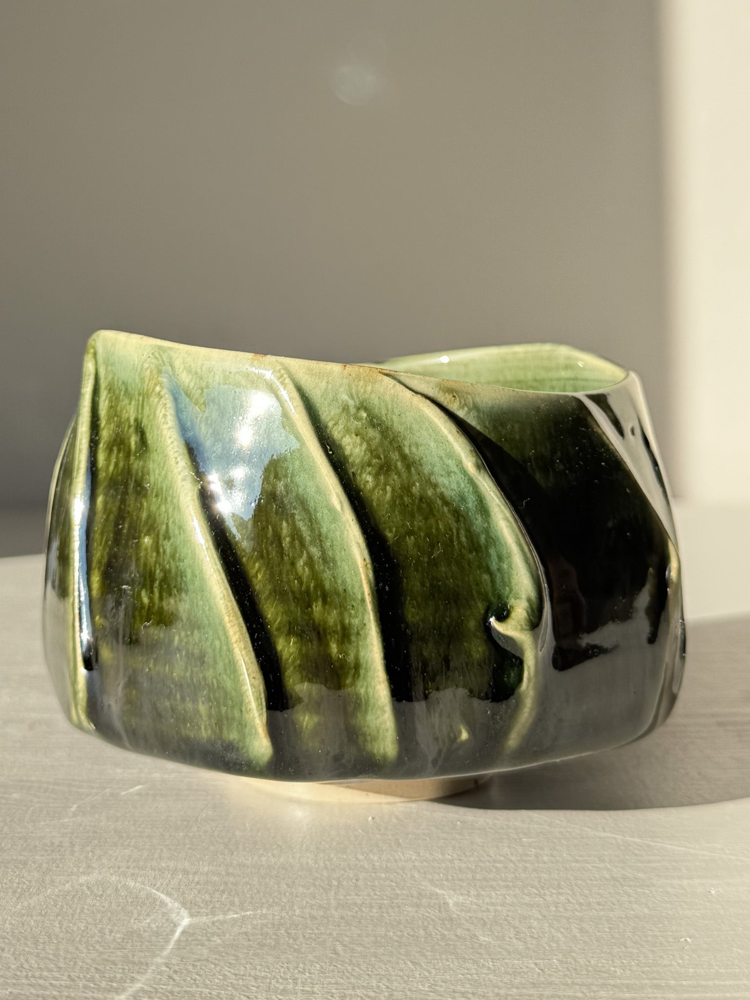 Textured Matcha Bowl - Hinoki #15 with green glaze and unique texture, part of the Hinoki Series showcasing natural beauty and craftsmanship.