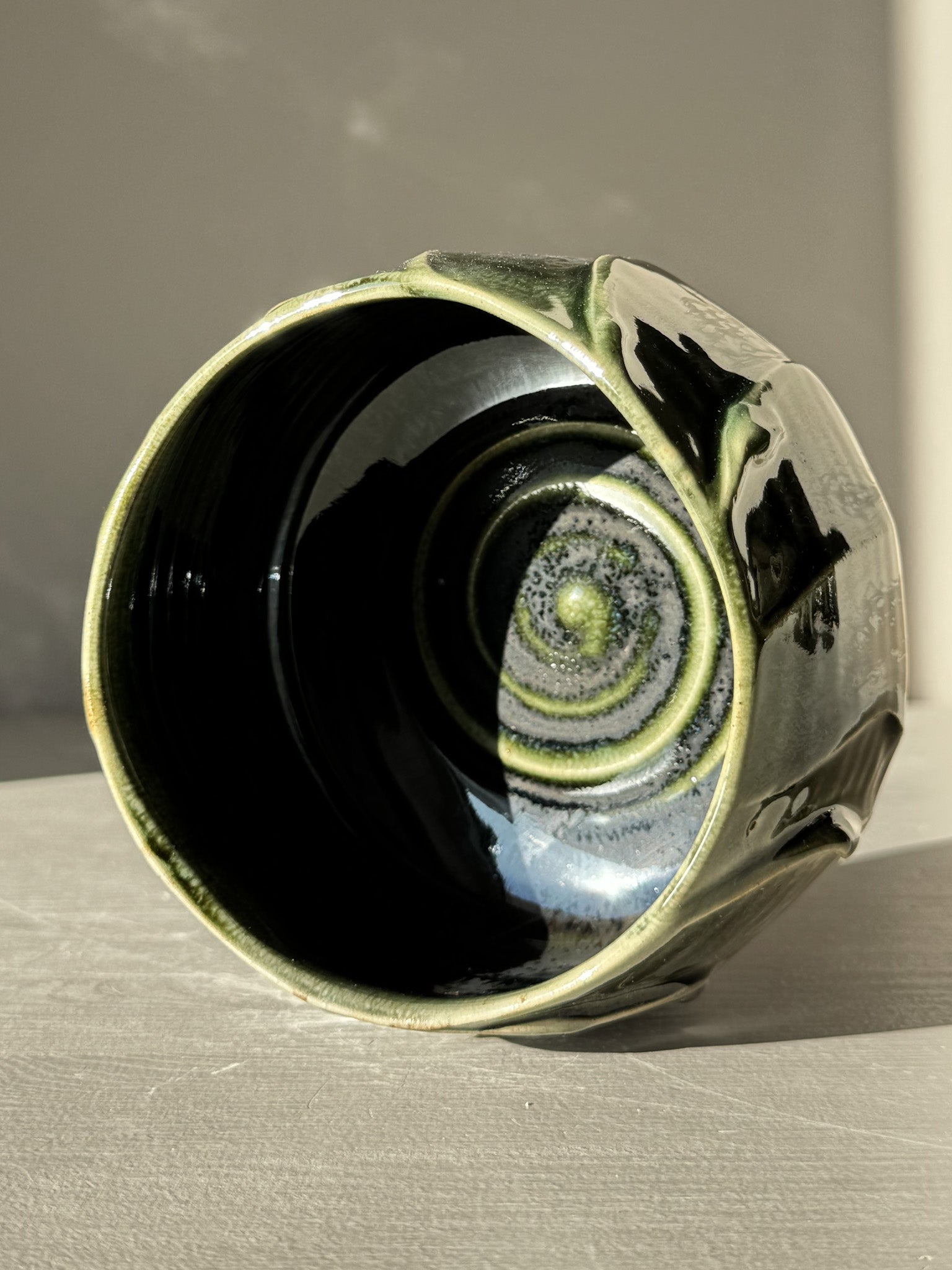 Textured Matcha Bowl - Hinoki #15 with green glaze and unique pattern inspired by Hinoki tree, part of handcrafted Hinoki Series.