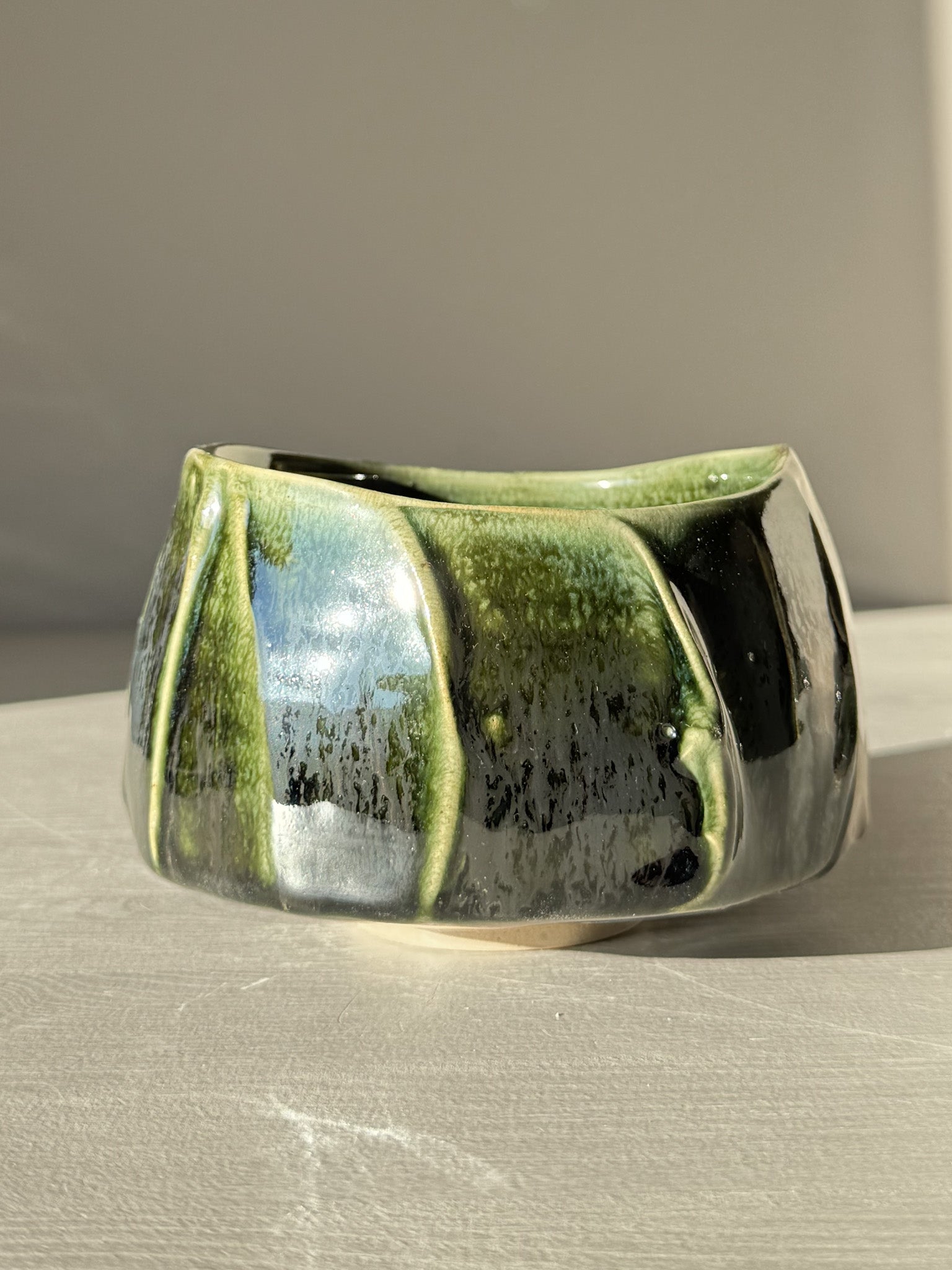 Textured Matcha Bowl - Hinoki #17 with green glaze and unique textured finish inspired by Hinoki tree, perfect for a calming matcha ritual.
