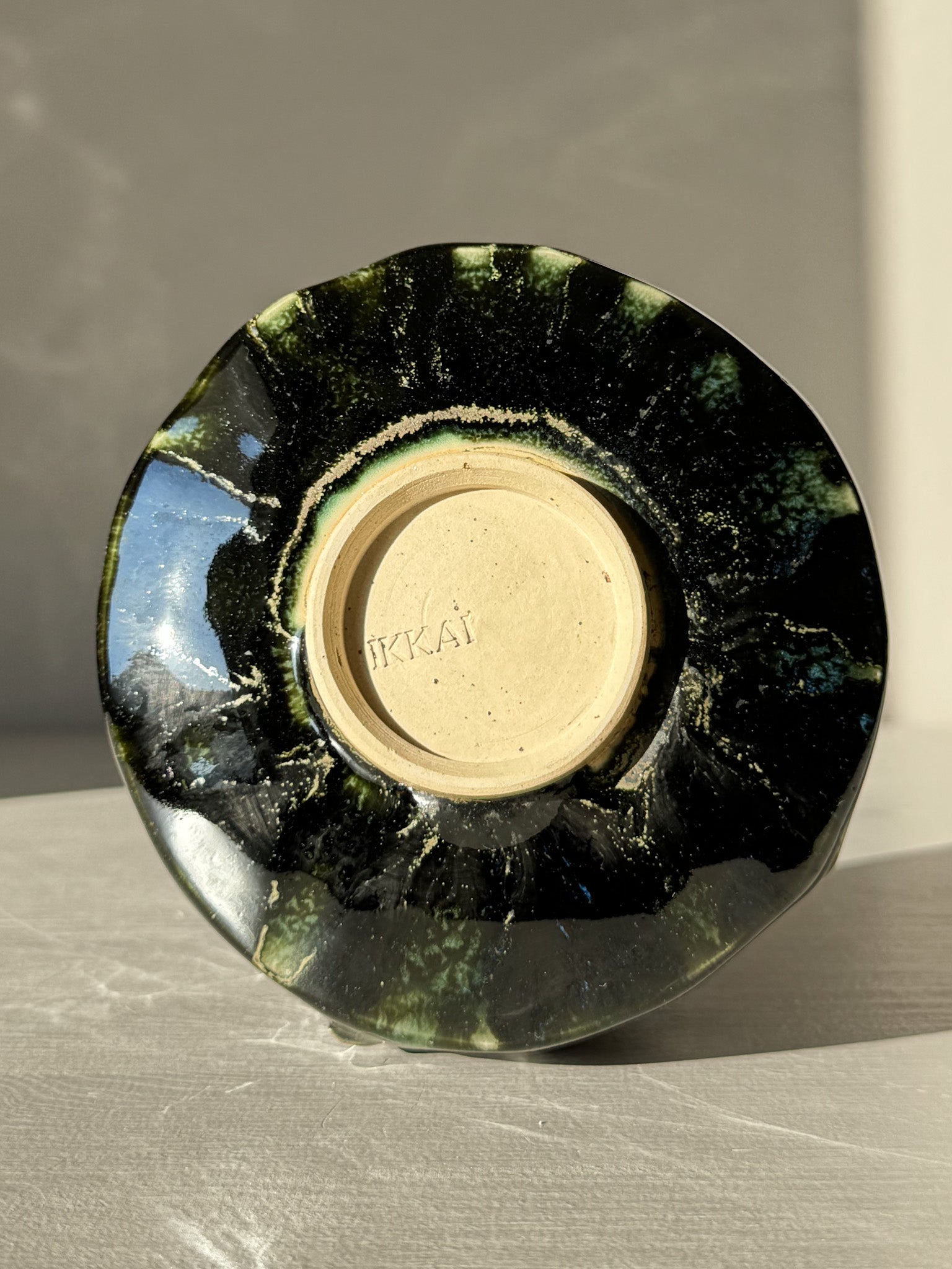 Textured Matcha Bowl - Hinoki #11 with green glaze and unique textured finish from Hinoki Series, showcasing its natural beauty and craftsmanship.