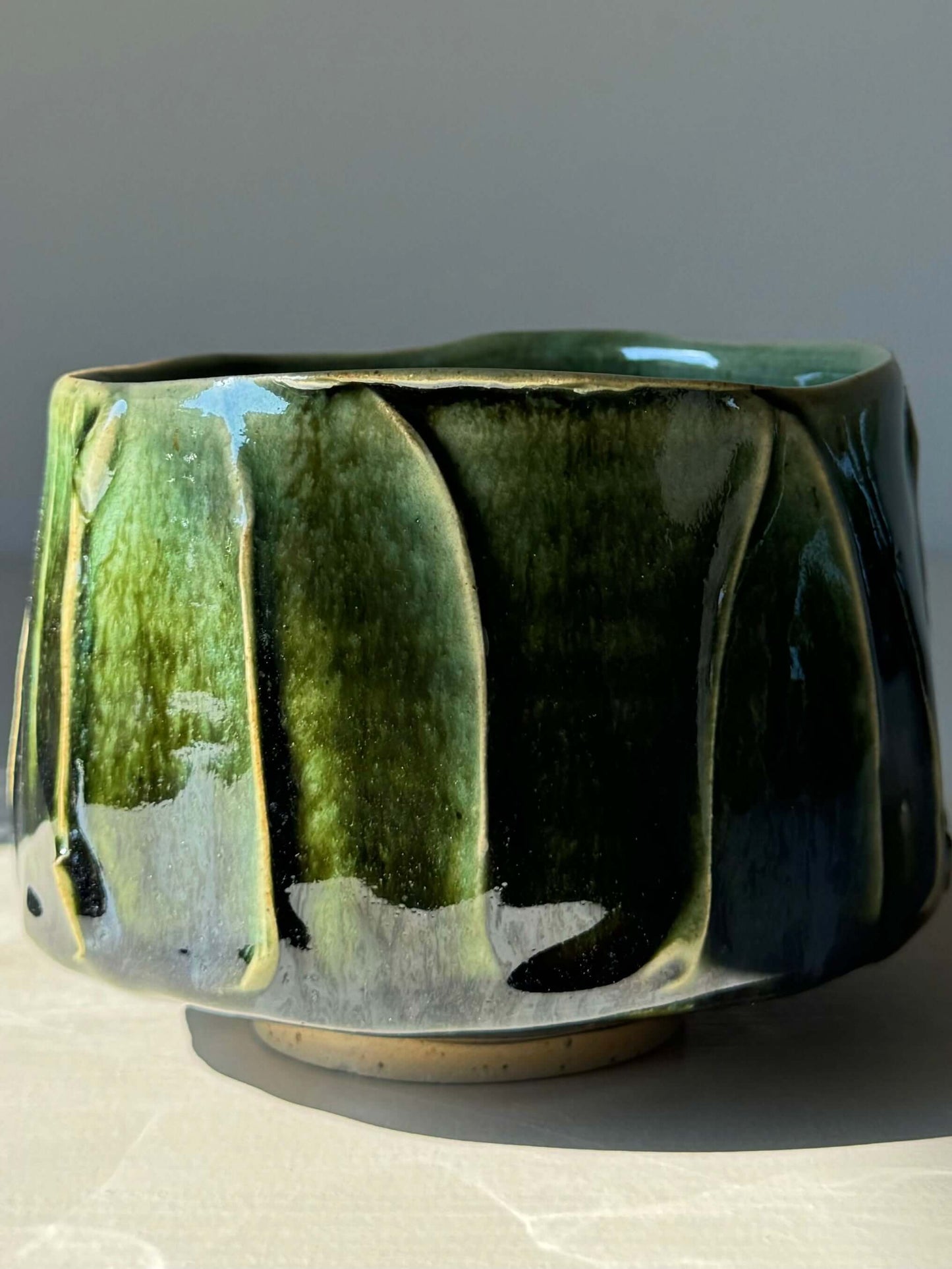 Textured Matcha Bowl from Hinoki Series with green glaze, inspired by Hinoki tree hues; brings peace to matcha rituals.