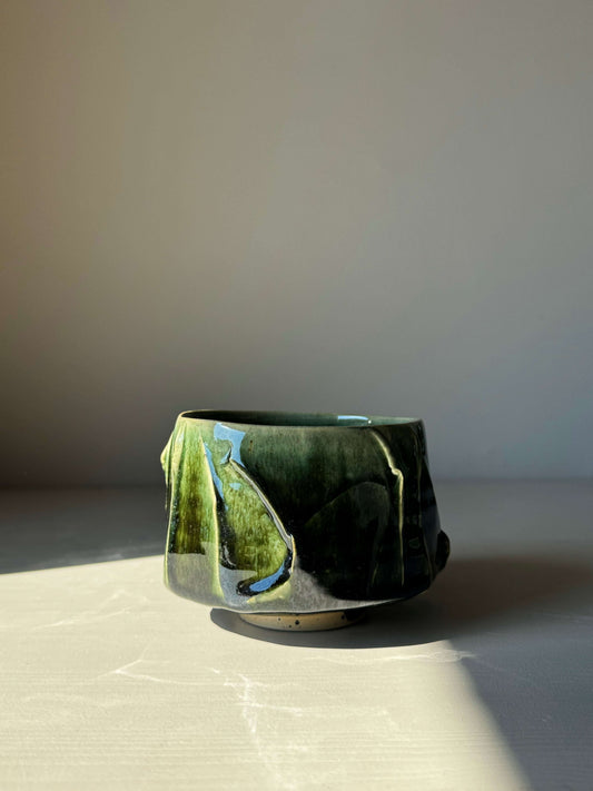 Textured Matcha Bowl from Hinoki Series #07 showcasing green glaze inspired by Hinoki tree, perfect for enhancing matcha rituals.