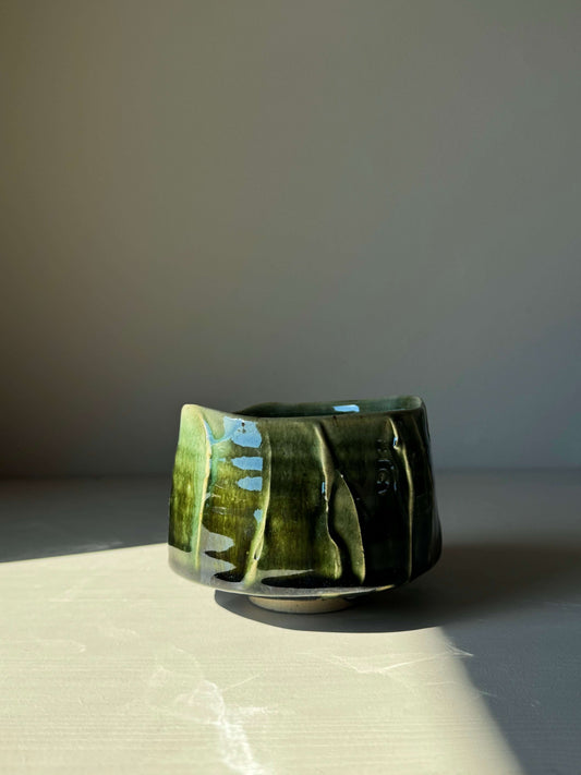Textured Matcha Bowl from Hinoki Series #08 with green glaze, inspired by Hinoki tree, perfect for a calming tea ritual.