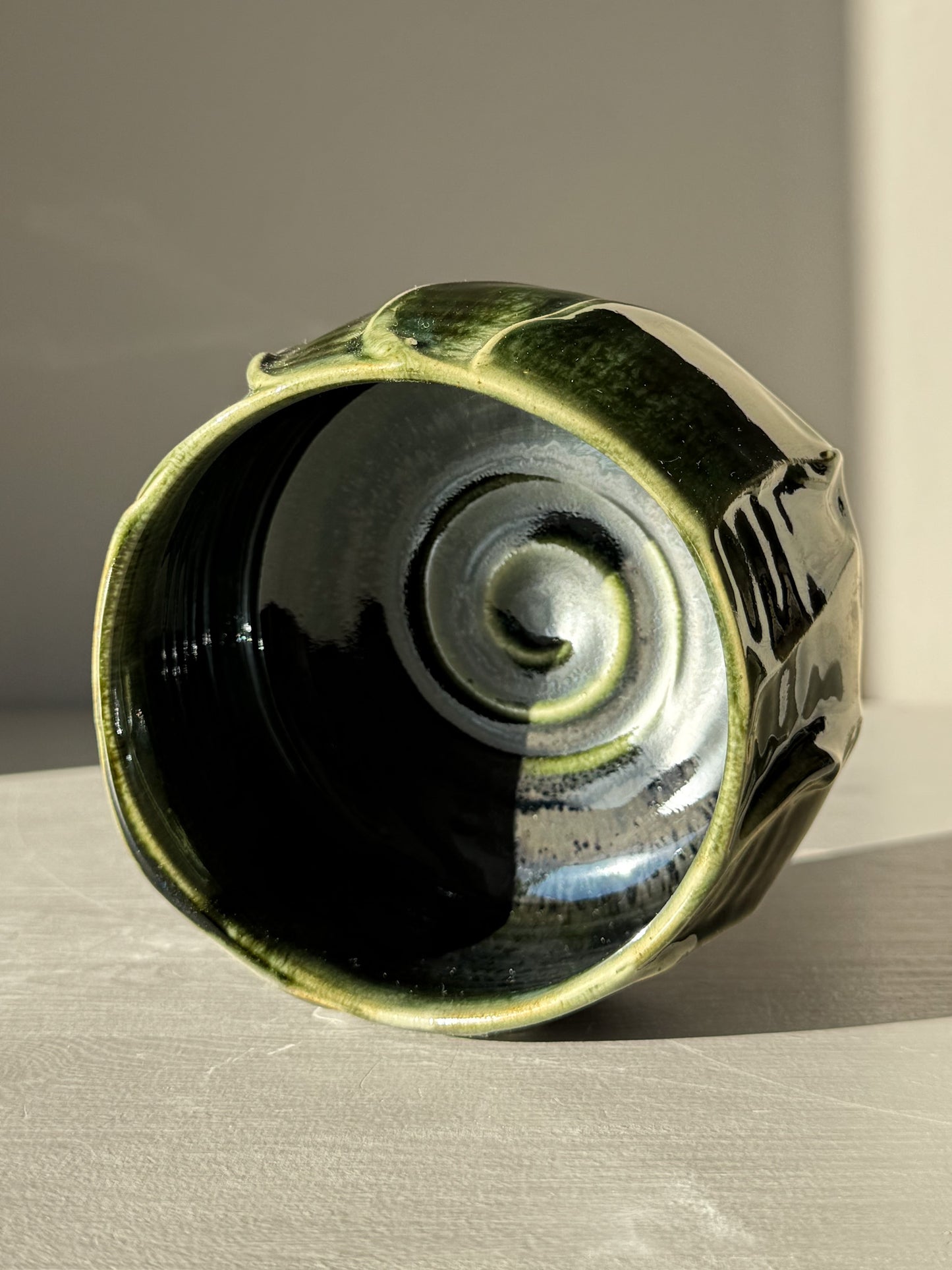 Stylish Textured Matcha Bowl - Hinoki #09 with green glaze and unique swirl design