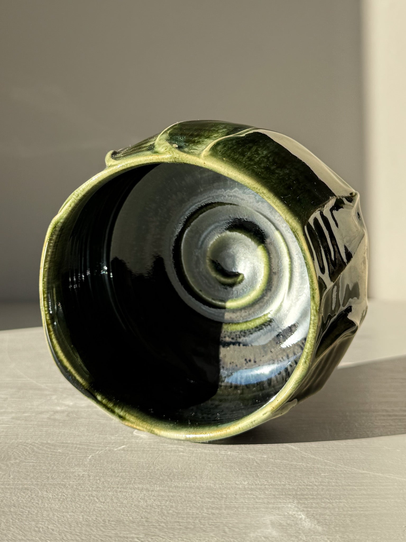 Stylish Textured Matcha Bowl - Hinoki #09 with green glaze and unique swirl design