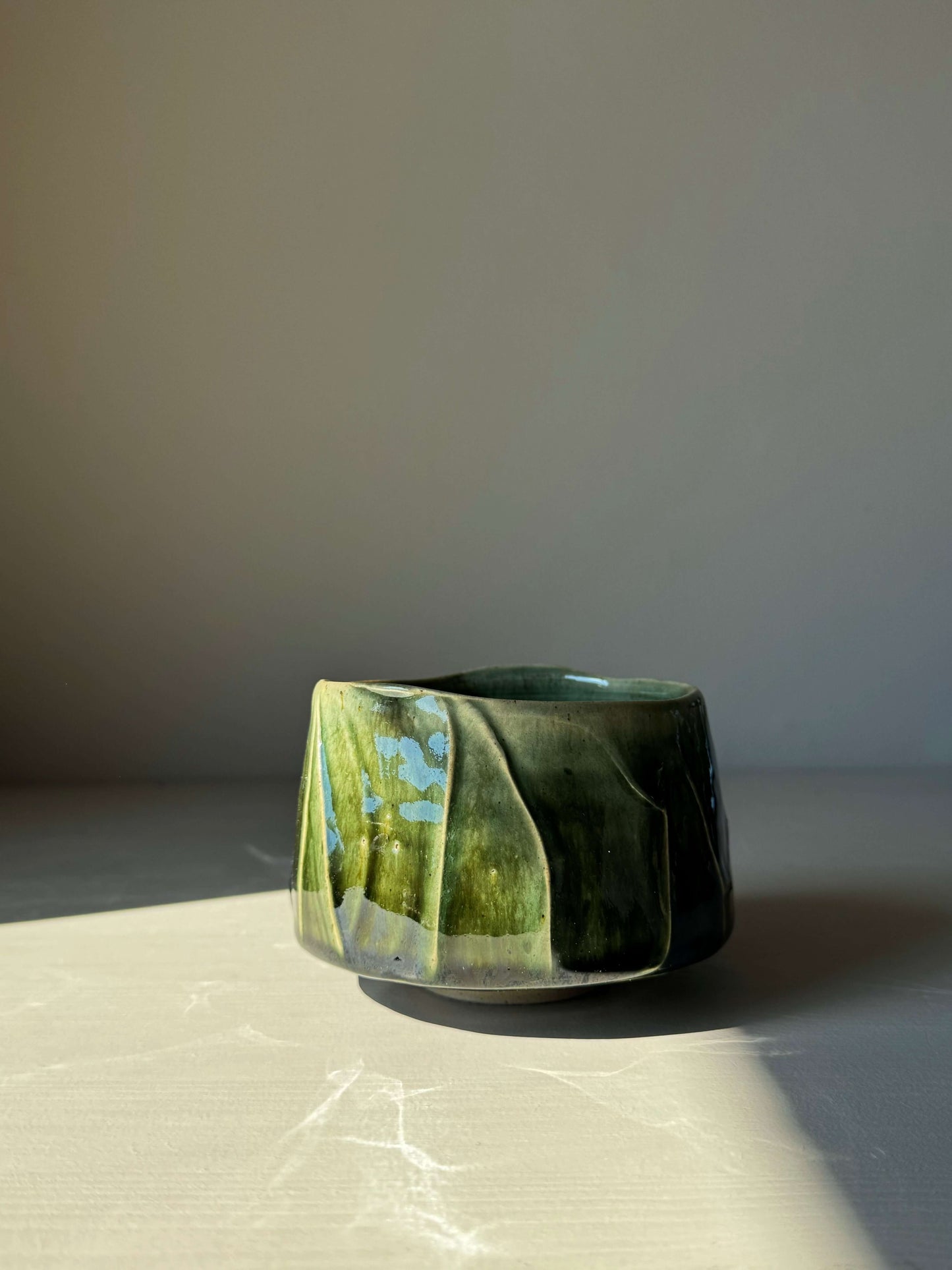 Textured Matcha Bowl from Hinoki Series with green glaze, inspired by calming Hinoki tree hues, adds peace and beauty to tea rituals.