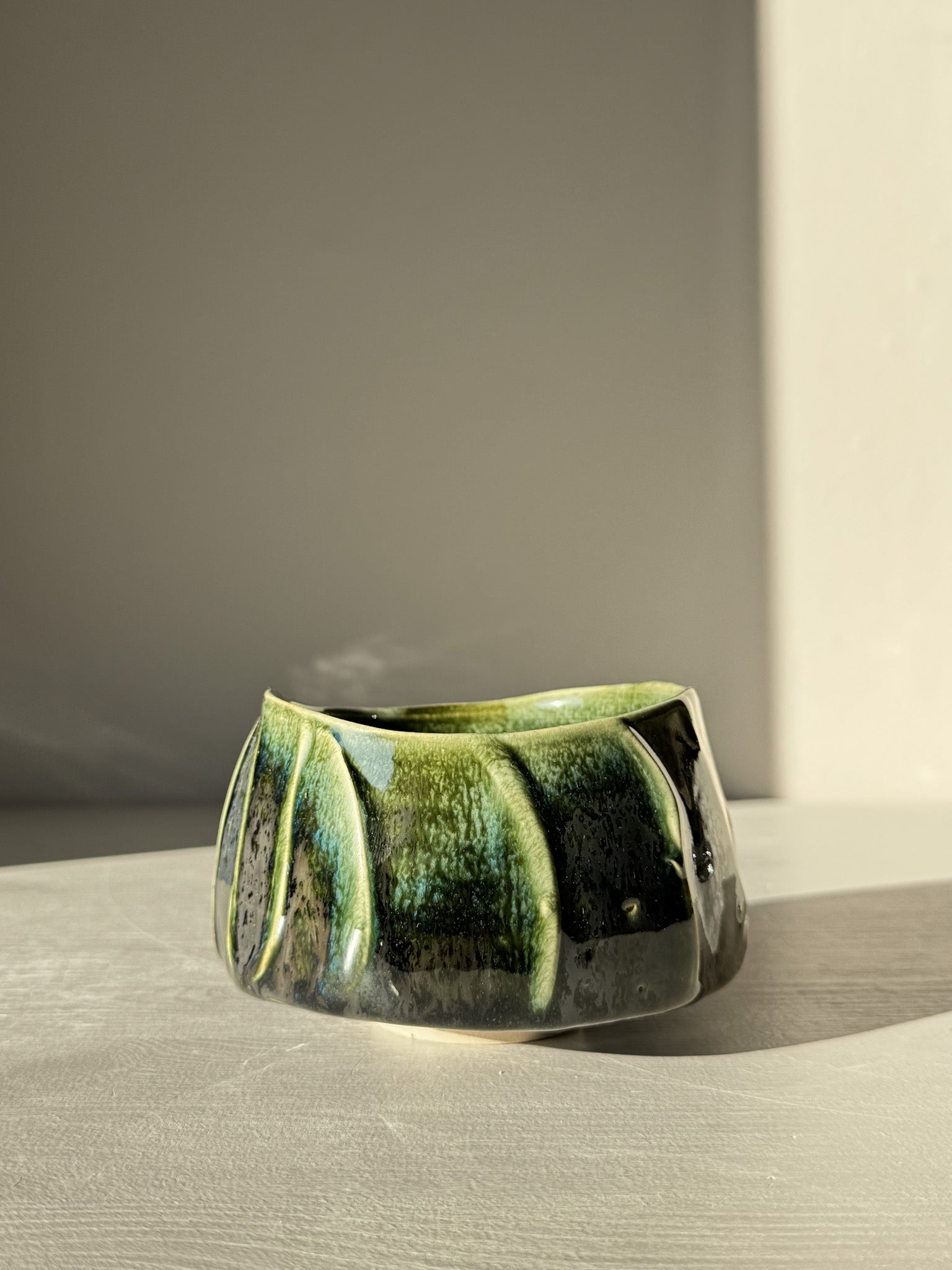Textured Matcha Bowl - Hinoki #17 with green glaze and unique textured finish, inspired by Hinoki tree for a calming matcha ritual.