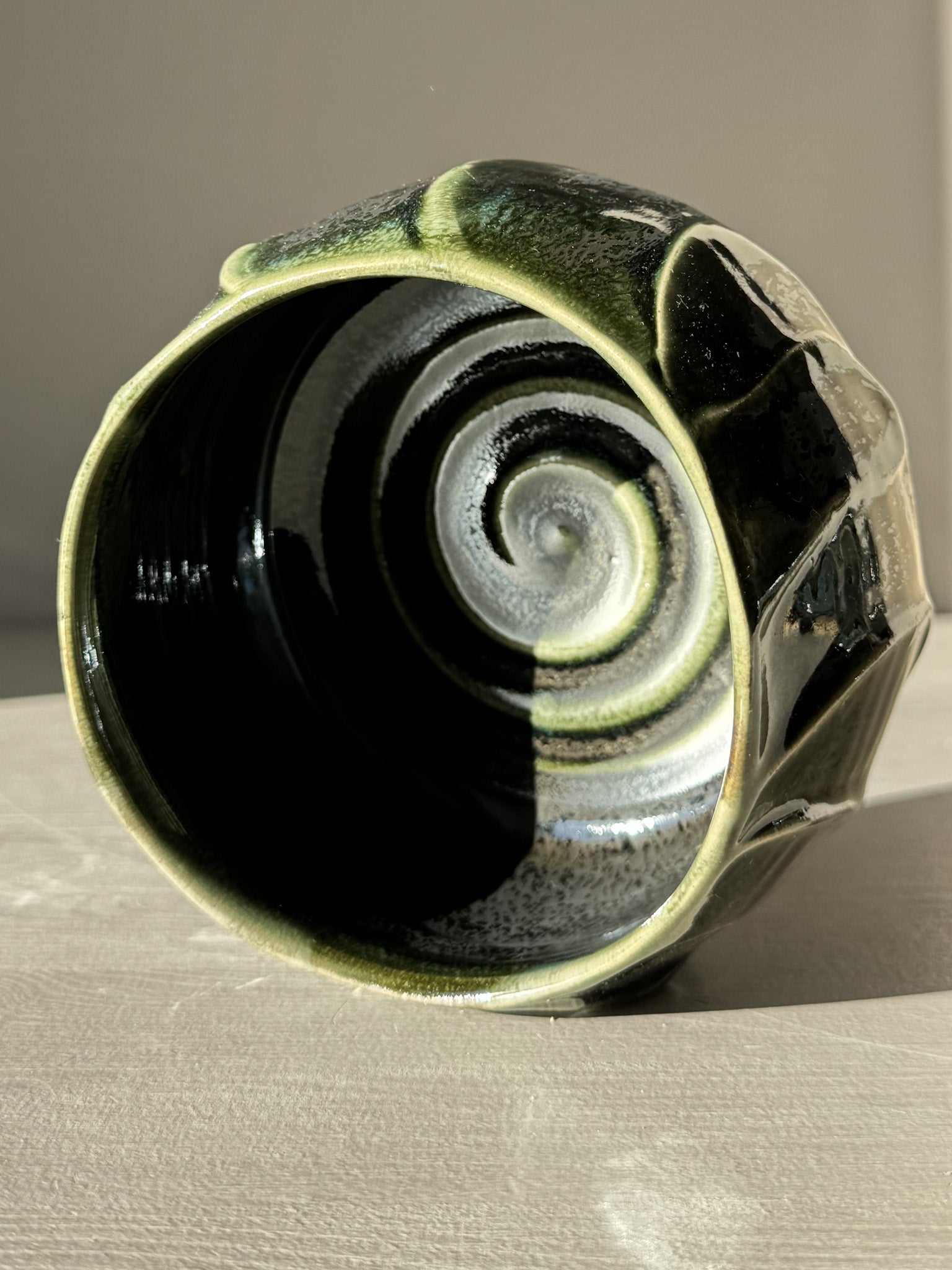 Textured Matcha Bowl - Hinoki #17 with green glaze and spiral design, part of the Hinoki Series inspired by the Hinoki tree's natural beauty.