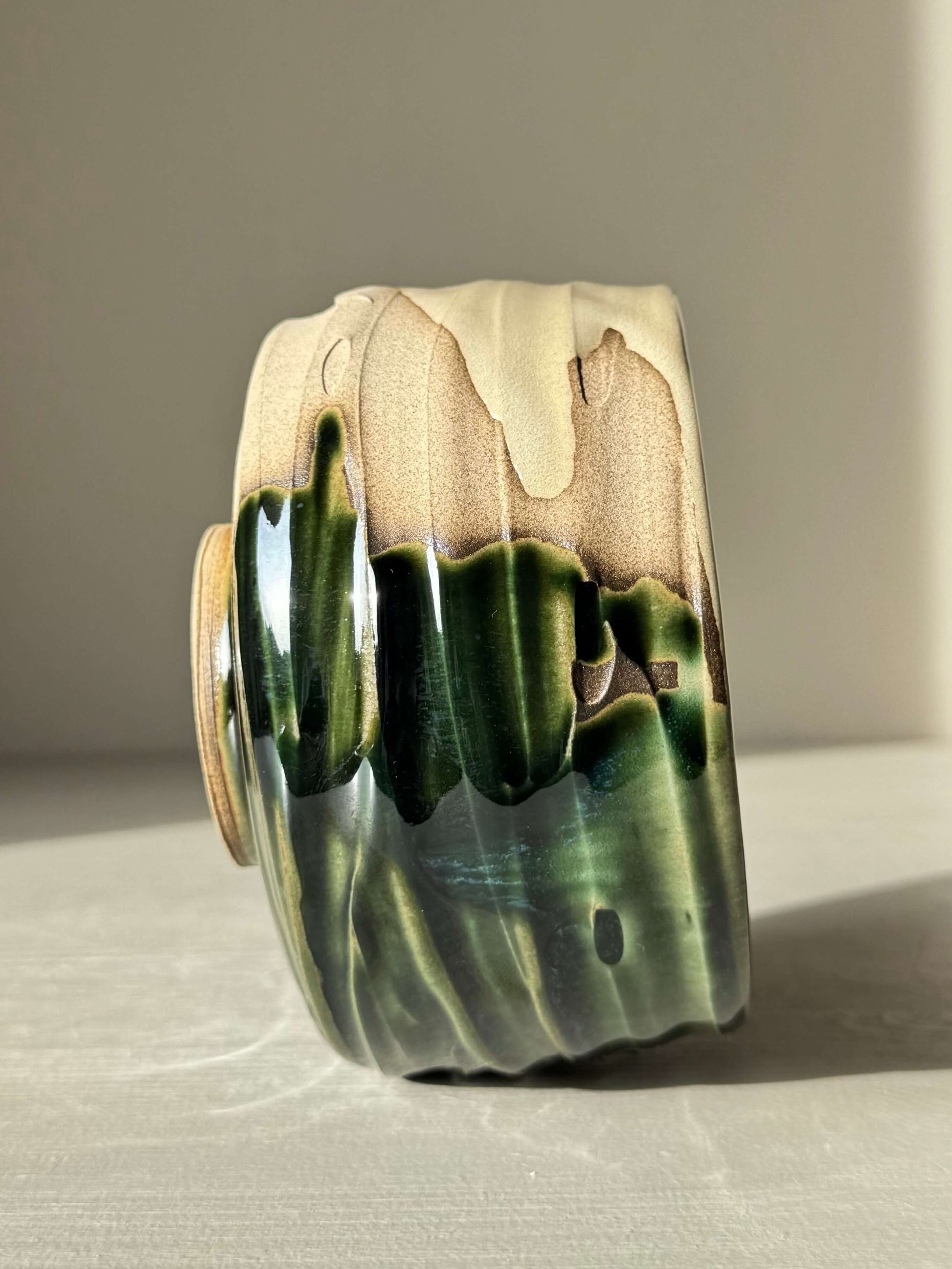 Handmade Textured Matcha Bowl – Mori #01 with organic slip texture and glossy forest-green glaze.