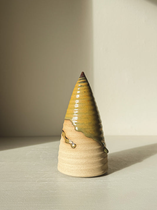 Textured Ceramic Tree – Inyo #01 with tenmoku glaze, showcasing natural throwing lines in soft light.