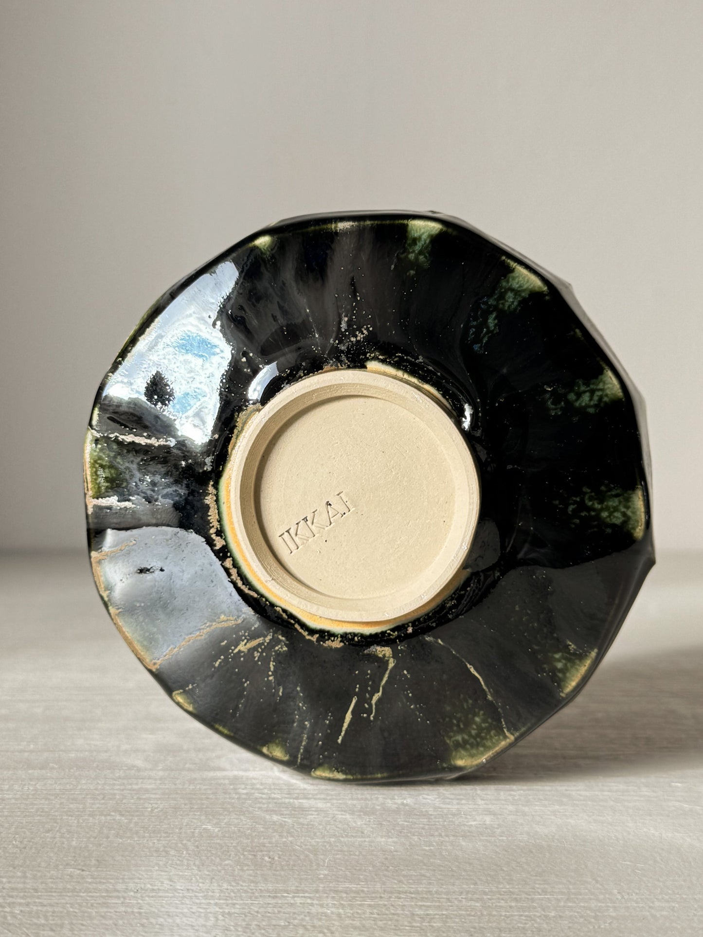 Textured Matcha Bowl - Hinoki #05 with green glaze and unique texture, inspired by Hinoki tree, enhancing matcha ritual experience