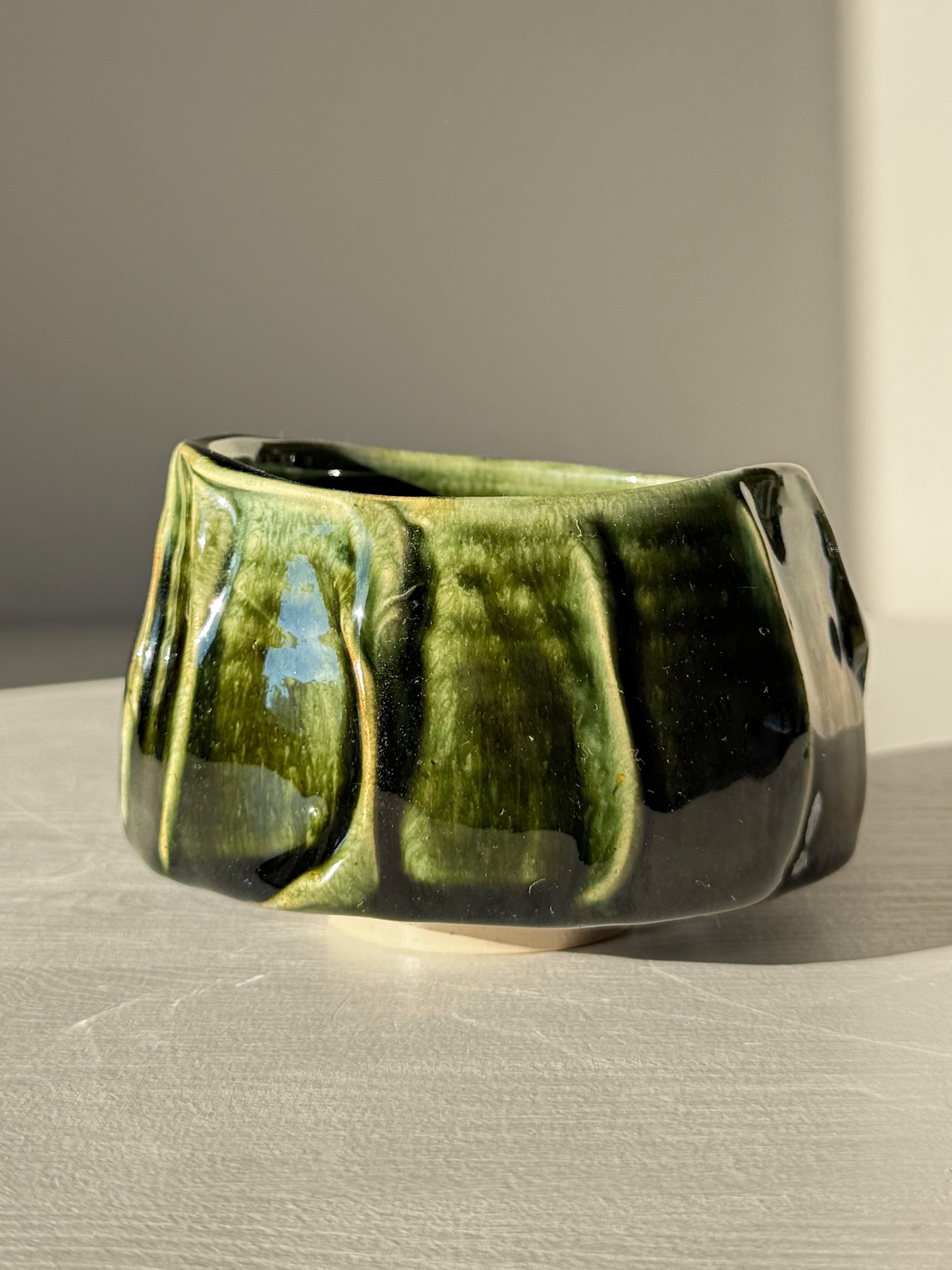 Textured Matcha Bowl - Hinoki #09 with green glaze and unique textured finish