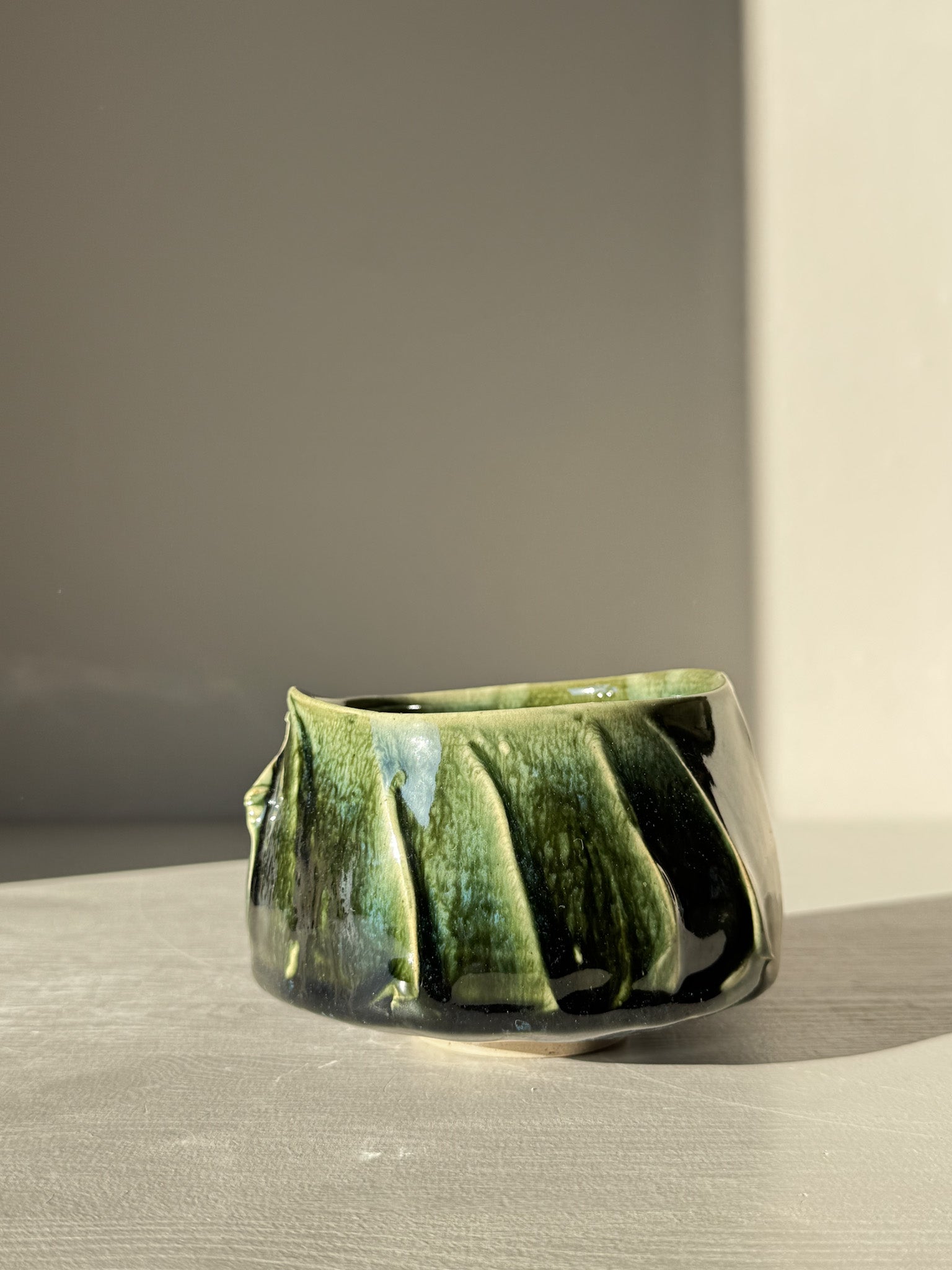 Textured Matcha Bowl - Hinoki #11 with green glaze and unique texture, inspired by Hinoki tree.