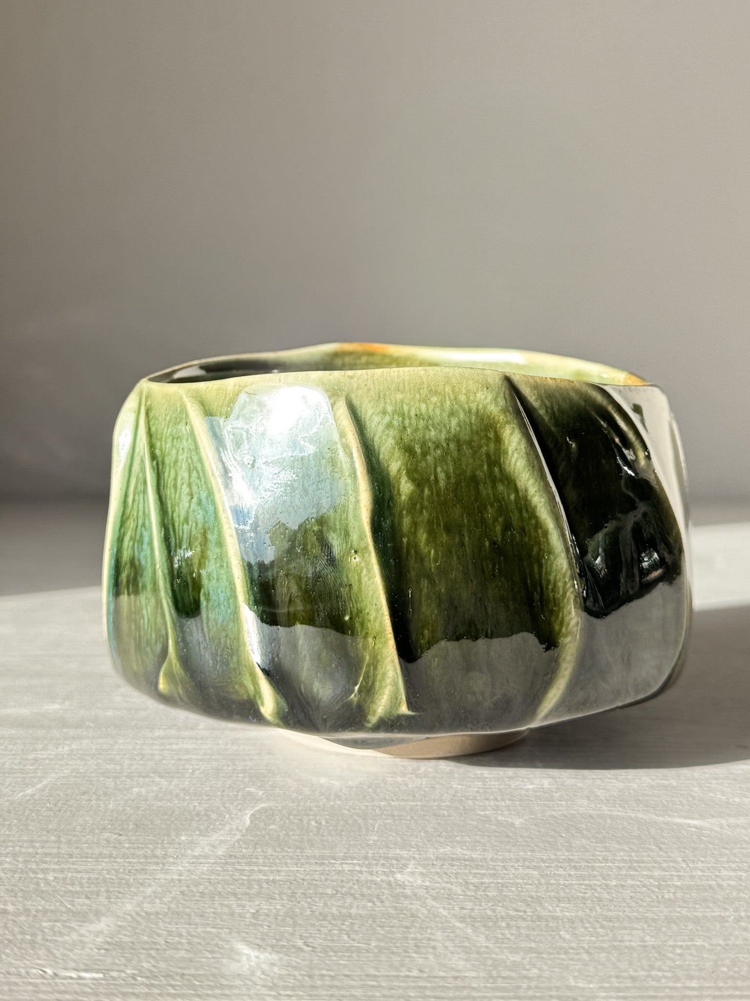 Textured Matcha Bowl - Hinoki #02 with green glaze and textured finish, inspired by Hinoki tree, perfect for matcha rituals.