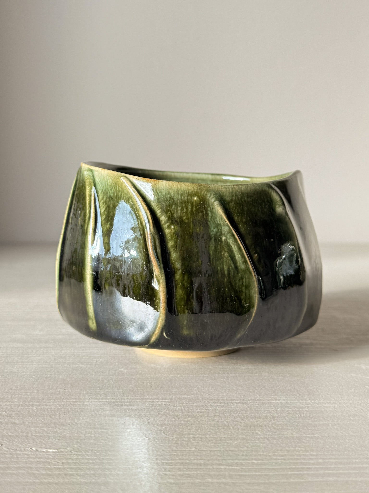 Textured Matcha Bowl - Hinoki #05 with green glaze, inspired by Hinoki tree, featuring unique textured finish for matcha ritual.