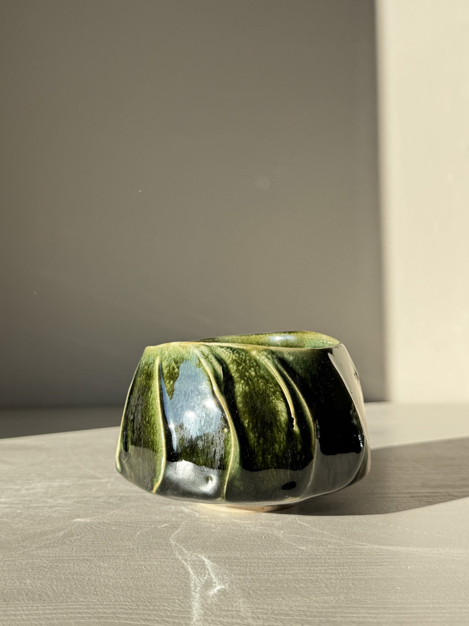 Textured Matcha Bowl - Hinoki #14 with green glaze and unique textured finish, inspired by Hinoki tree for a calming matcha ritual.