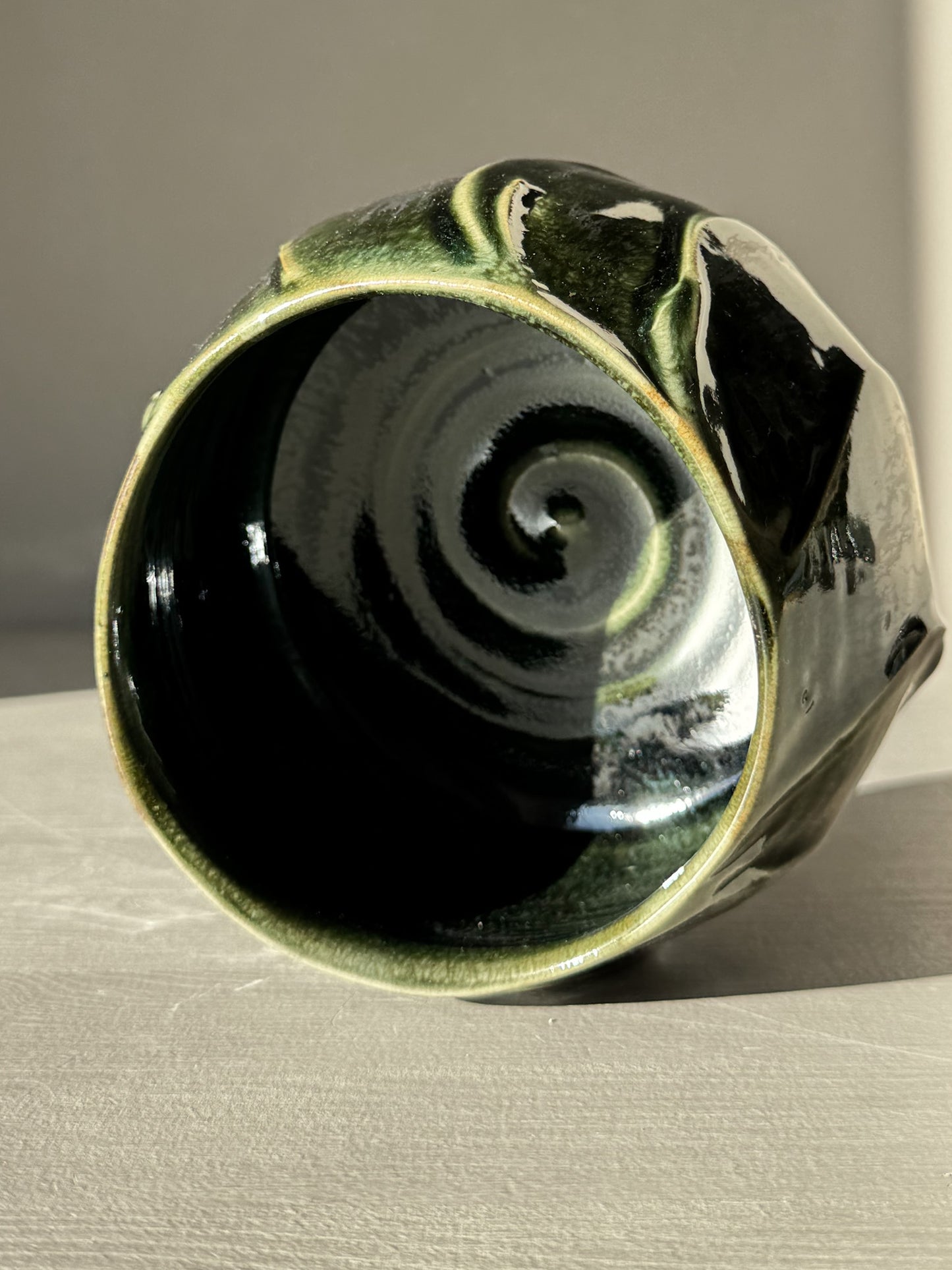 Green Textured Matcha Bowl - Hinoki #14 with a spiral design, showcasing unique glaze and texture inspired by Hinoki tree hues.