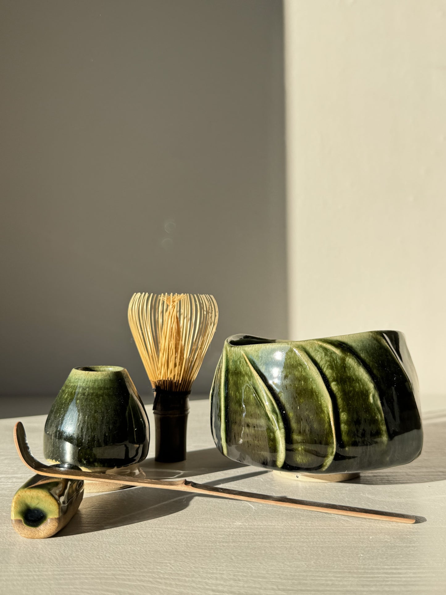 Textured Matcha Bowl - Hinoki #15 with green glaze and textured finish, Hinoki Series