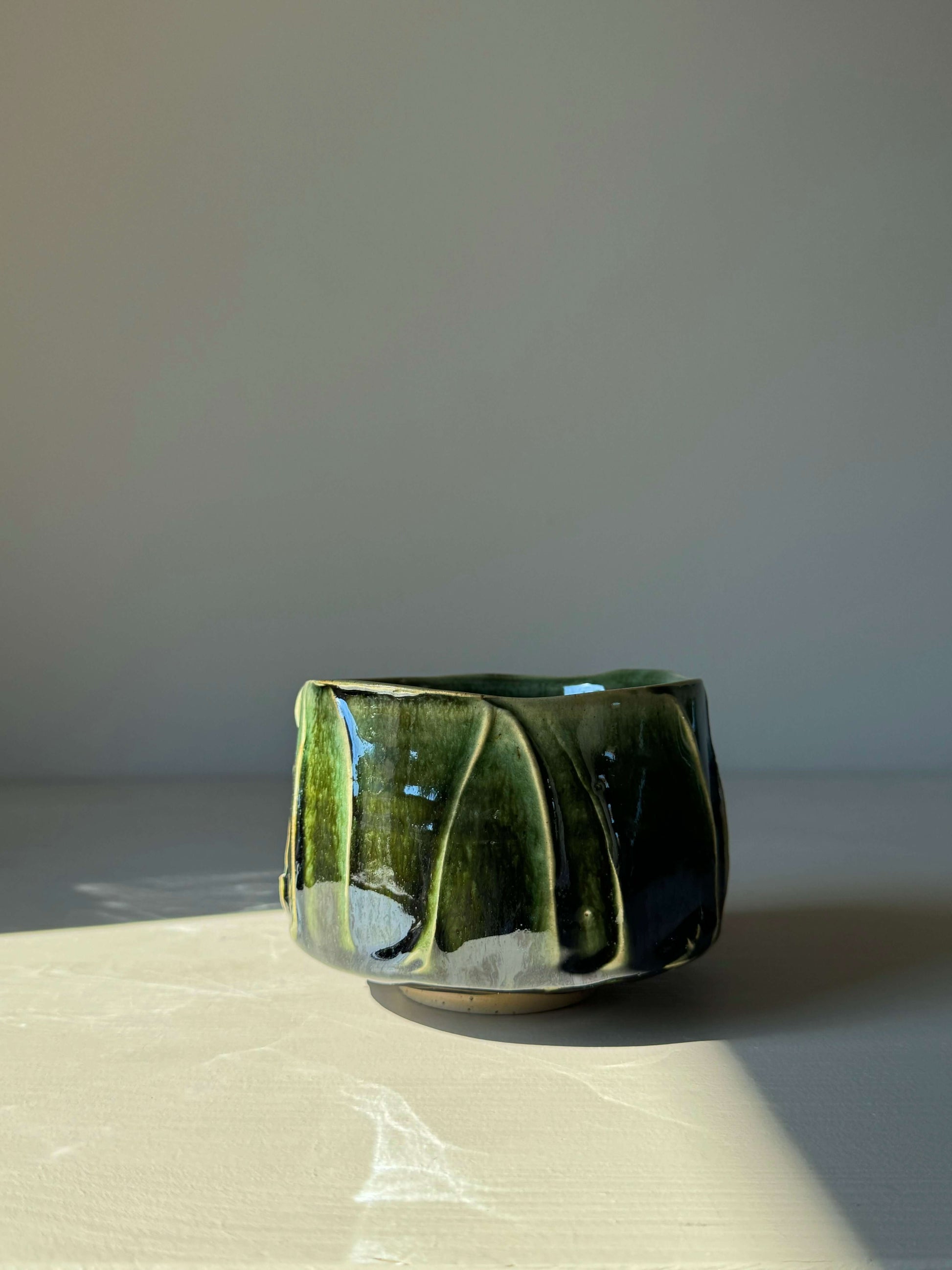 Textured Matcha Bowl from Hinoki Series #01 with green glaze, inspired by Hinoki tree, showcasing unique design and natural beauty.