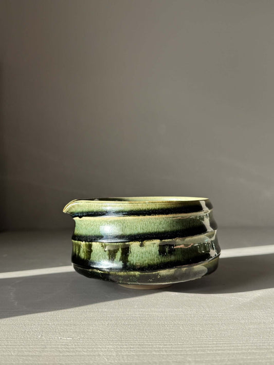 Textured Matcha Bowl Spout - Hinoki #02 with glossy green glaze and pouring spout on gray background