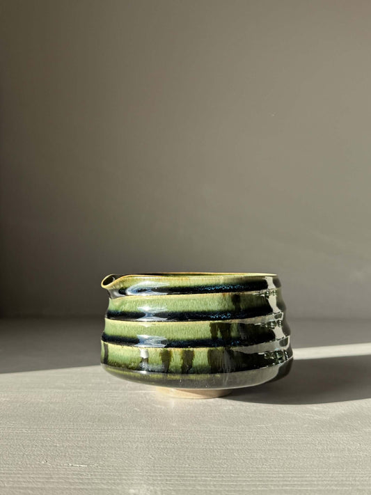 Textured Matcha Bowl Spout - Hinoki #01 in glossy green glaze with spout and ridged texture, ideal for easy tea pouring.