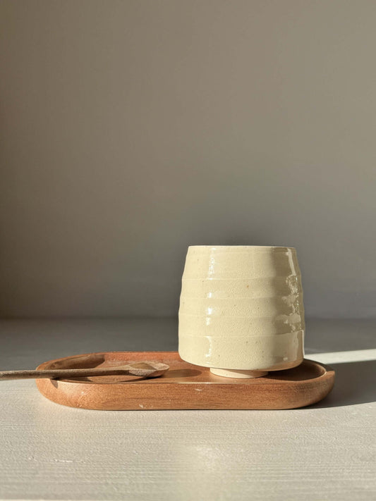 Yunomi Cups - Clear Glaze #02 with textured ridges on a wooden tray with a spoon
