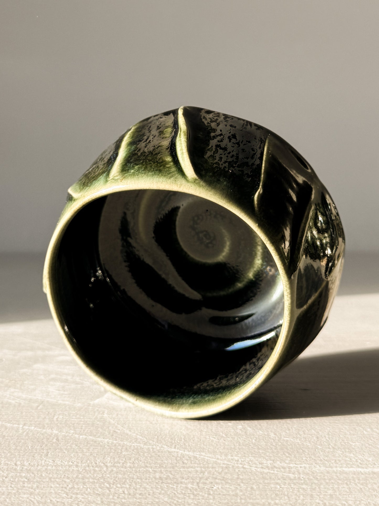 Yunomi Cup - Hinoki #06 displayed with deep green glaze, delicate craftsmanship, and unique textured design, capturing artisanal quality.