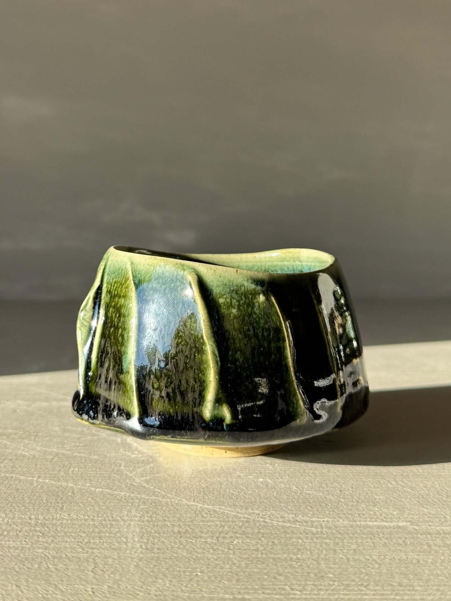 Yunomi Cup - Hinoki #09 featuring deep green glaze with textured slip decoration and unique handmade design for everyday tea moments.