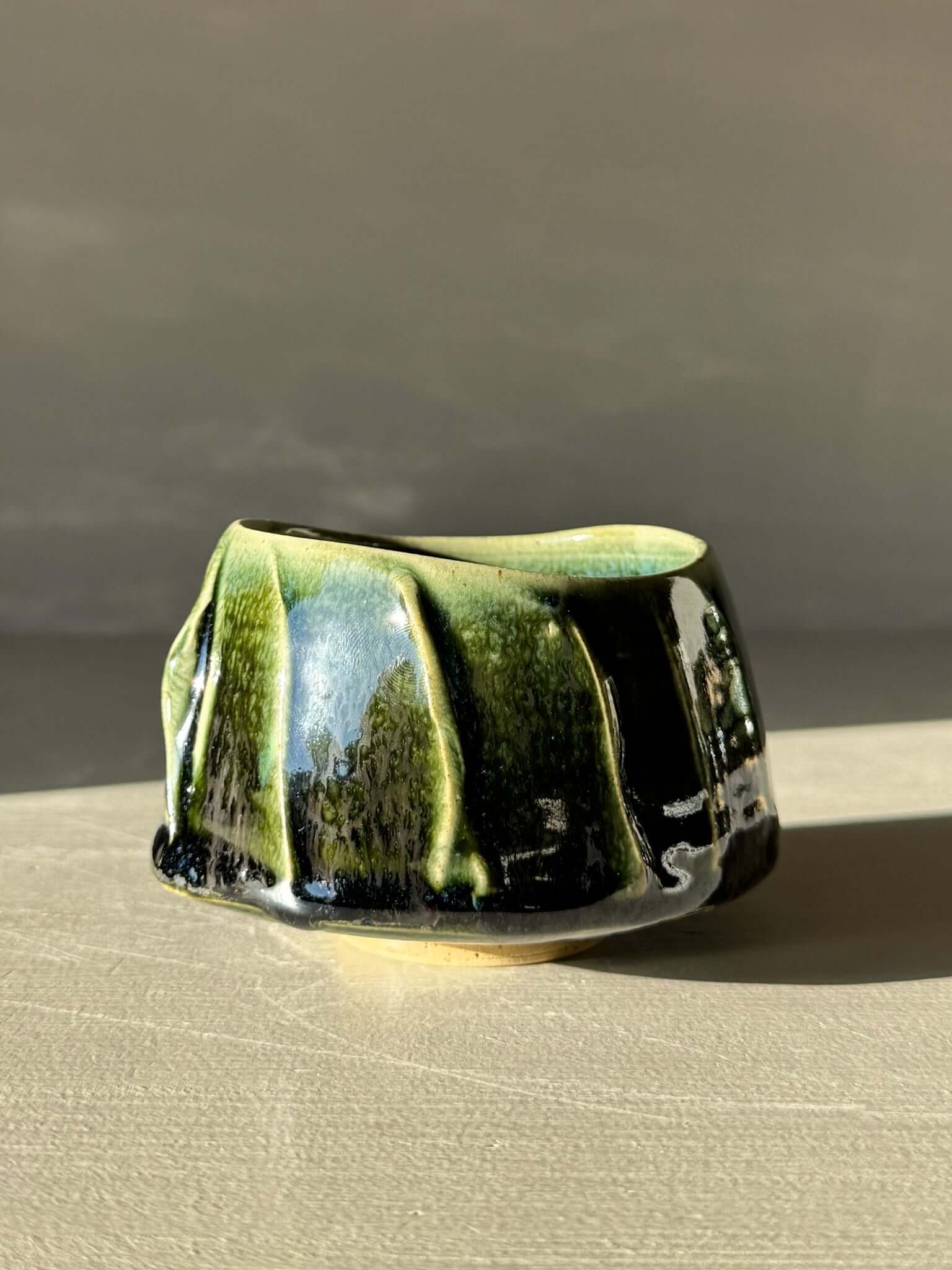 Yunomi Cup - Hinoki #09 featuring deep green glaze with textured slip decoration and unique handmade design for everyday tea moments.