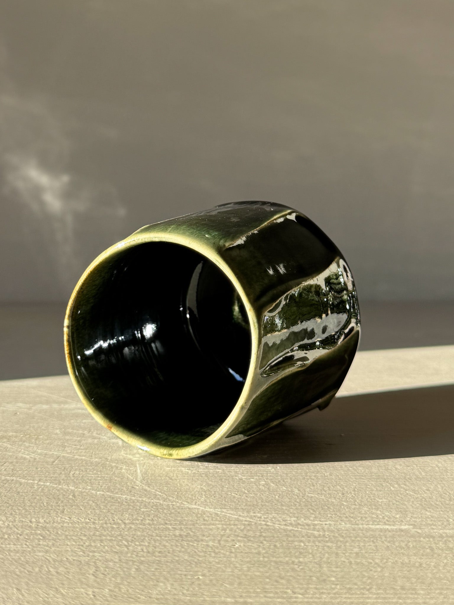 Yunomi Cup - Hinoki #13 with green glaze and textured slip lines for unique everyday tea moments.