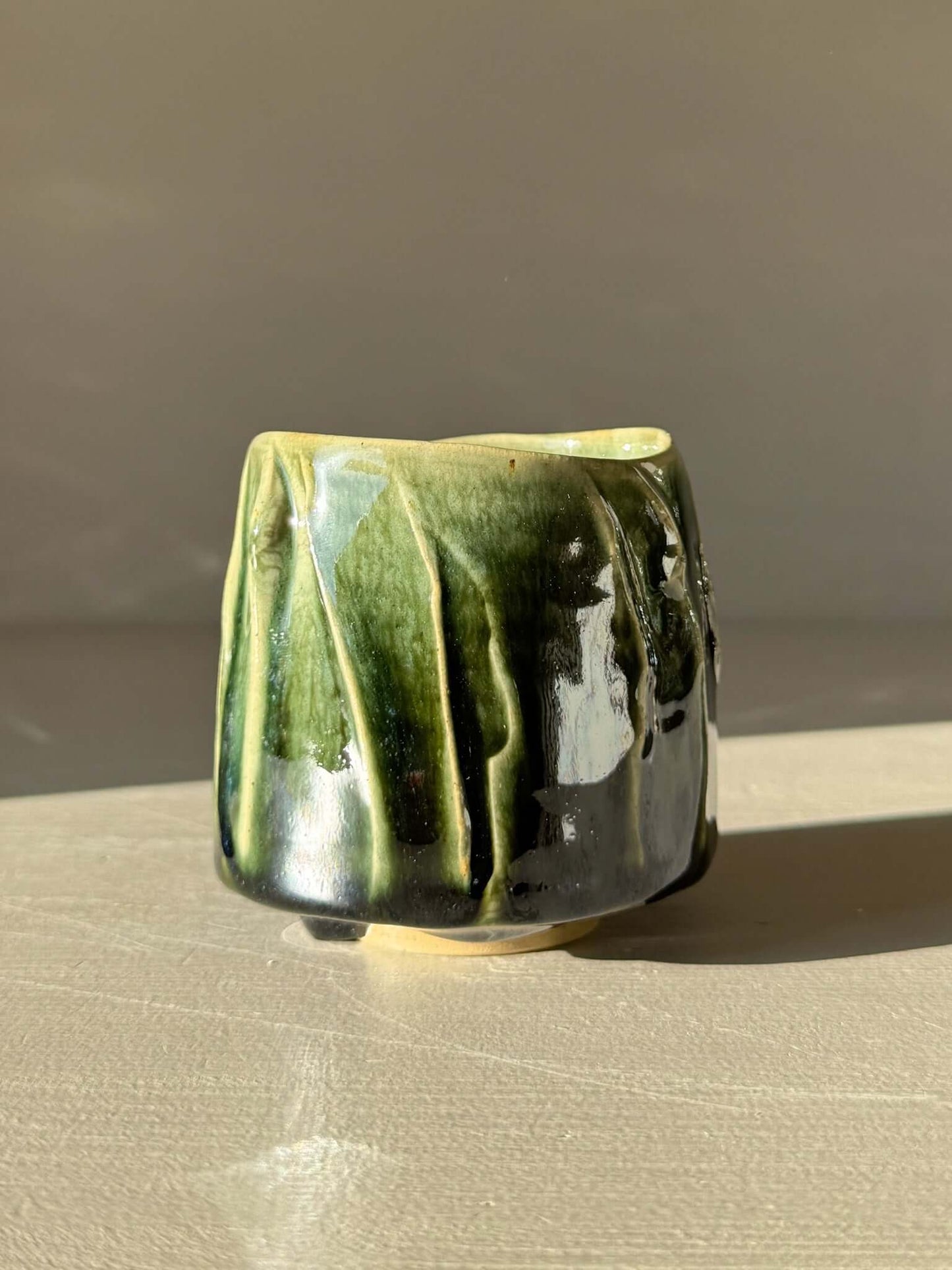 Yunomi Cup - Hinoki #13 with deep green glaze and textured slip design, perfect for everyday tea moments.