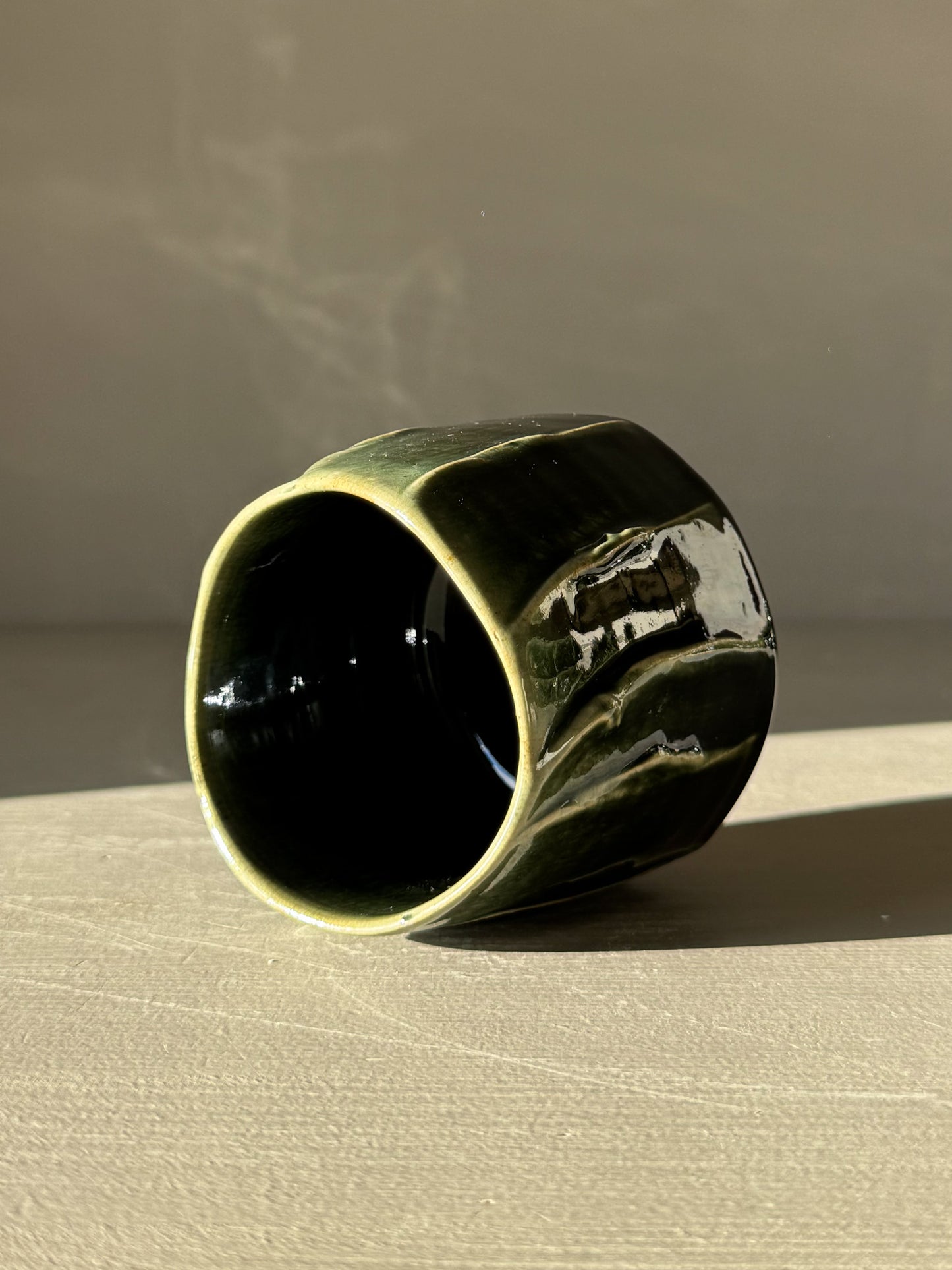 Yunomi Cup - Hinoki #14 handcrafted in deep green glaze with flowing slip lines for unique tea moments.