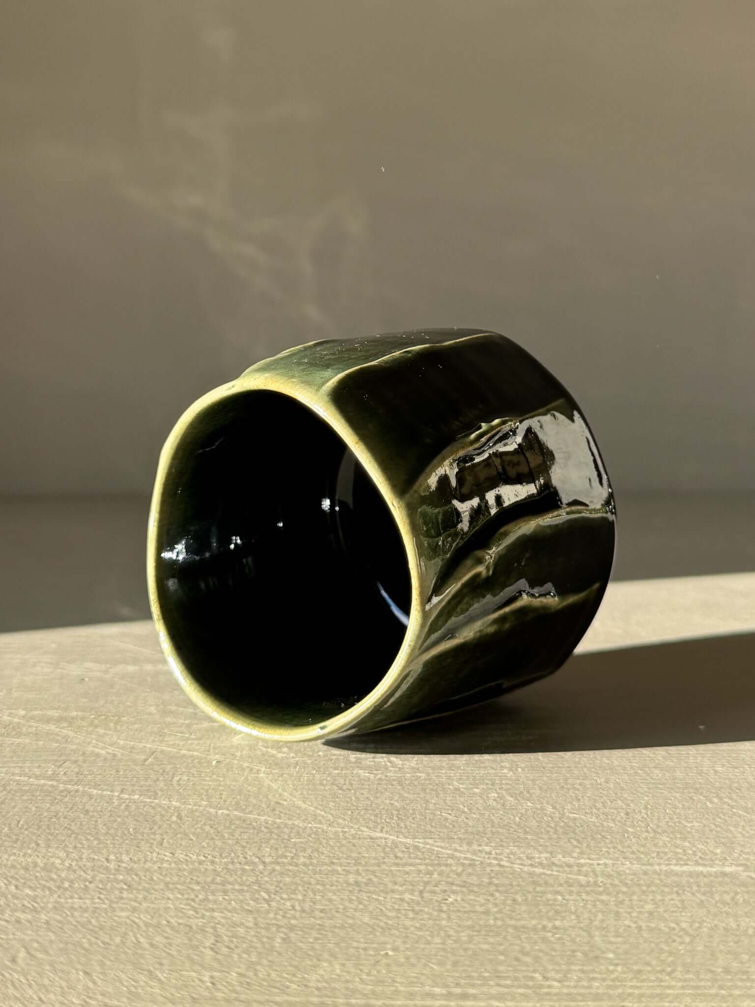 Yunomi Cup - Hinoki #14 handcrafted in deep green glaze with flowing slip lines for unique tea moments.