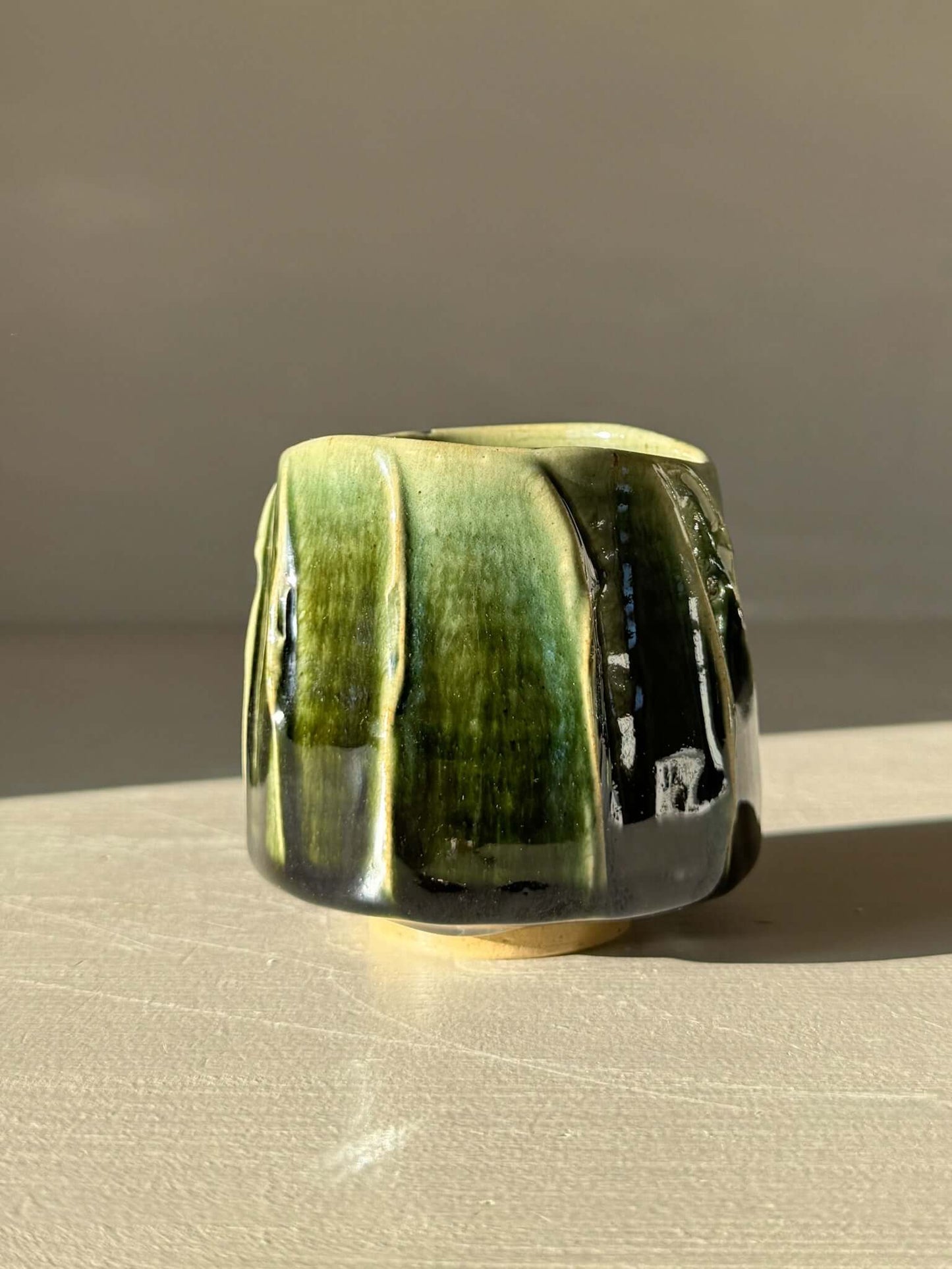 Yunomi Cup - Hinoki #14 in deep green glaze with textured slip decoration, handmade for personalized tea moments.