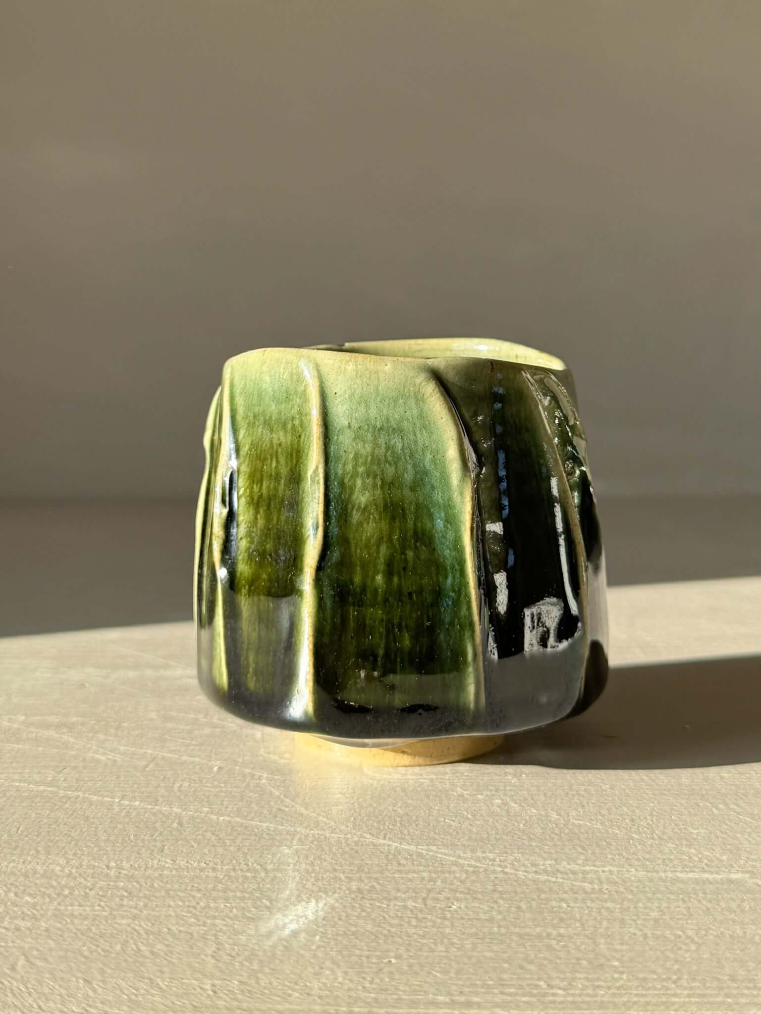 Yunomi Cup - Hinoki #14 in deep green glaze with textured slip decoration, handmade for personalized tea moments.