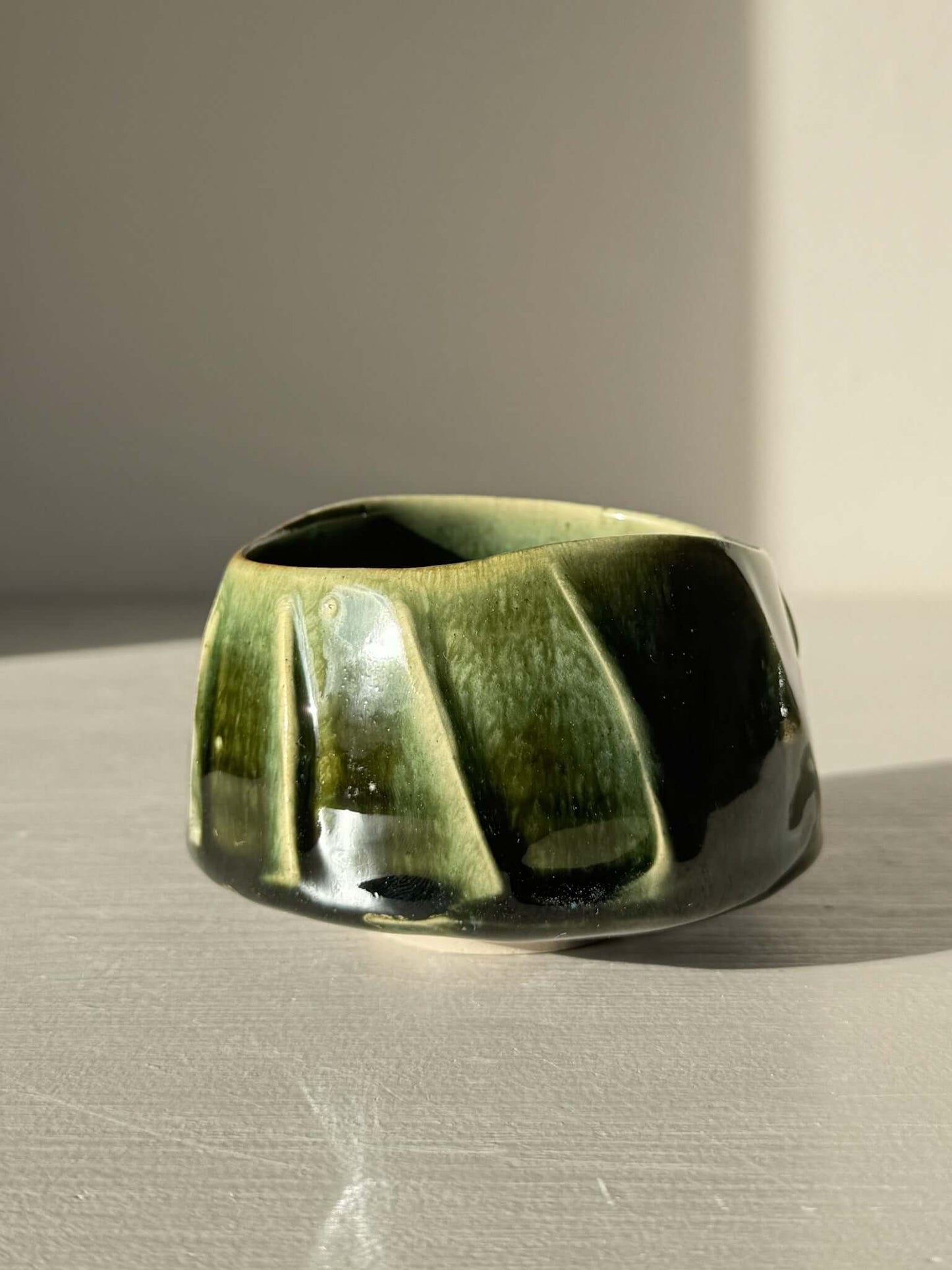 Yunomi Cup - Hinoki #26 with deep green glaze, featuring hand-applied slip lines for texture and uniqueness, handmade tea cup.